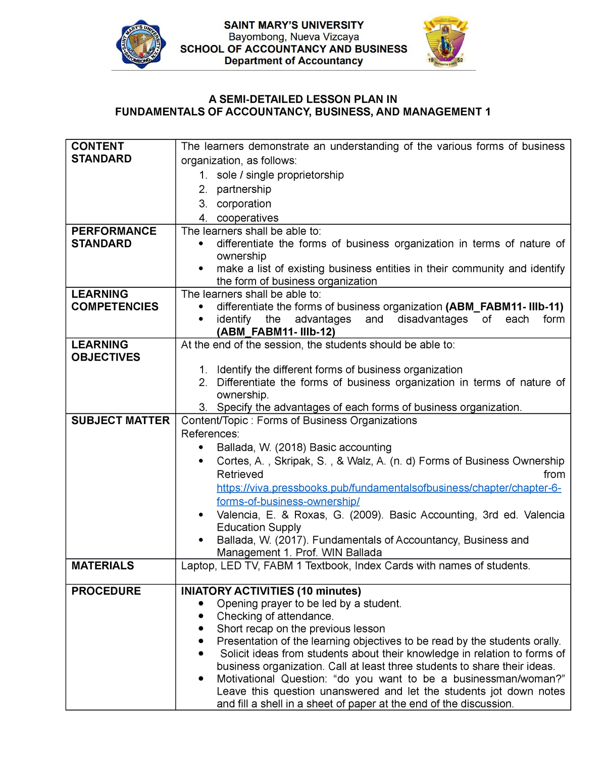 SEMI DETAILED LESSON PLAN IN FUNDAMENTALS OF ACCOUNTANCY BUSINESS AND 