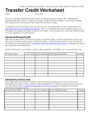 Transfer credit worksheet 2021 updated 6-20 - Please complete this worksheet  in advance of your New - Studocu