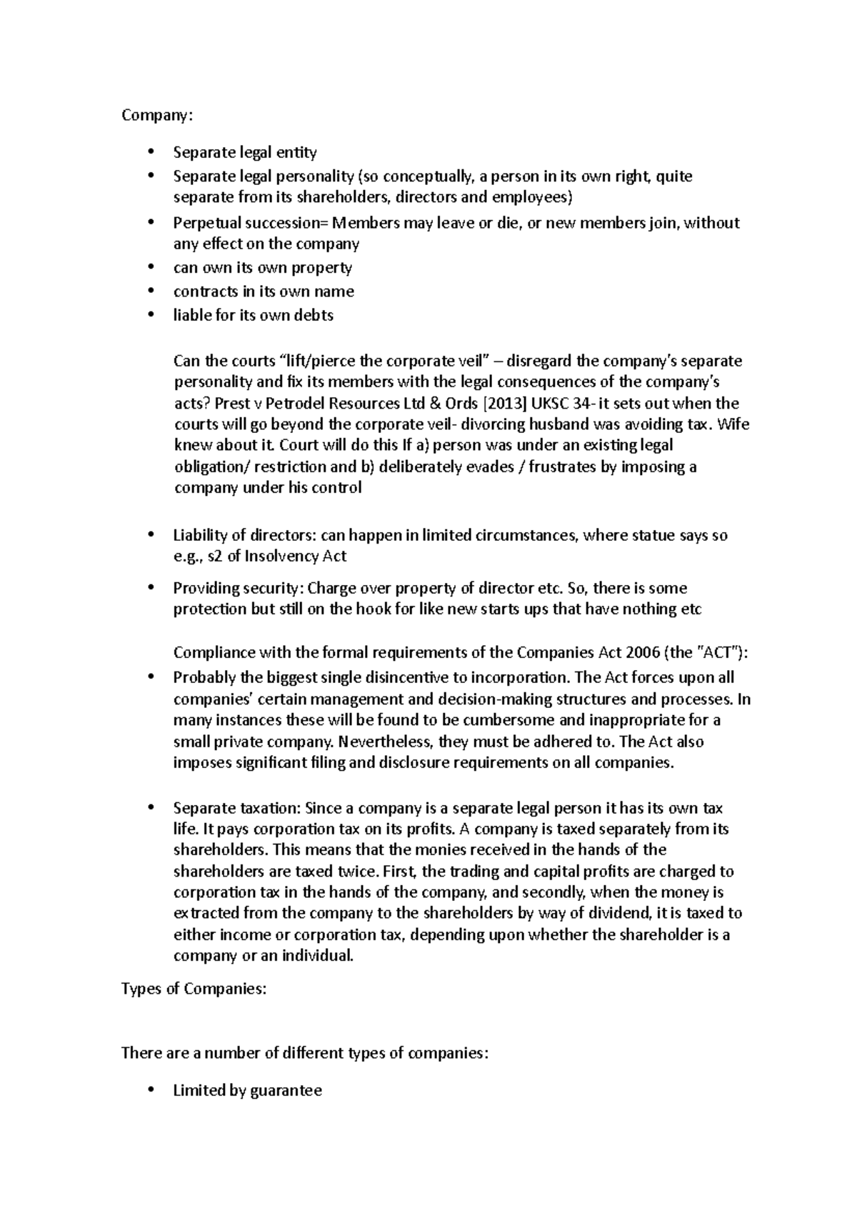 Types of companies - Company: • Separate legal enity • Separate legal ...