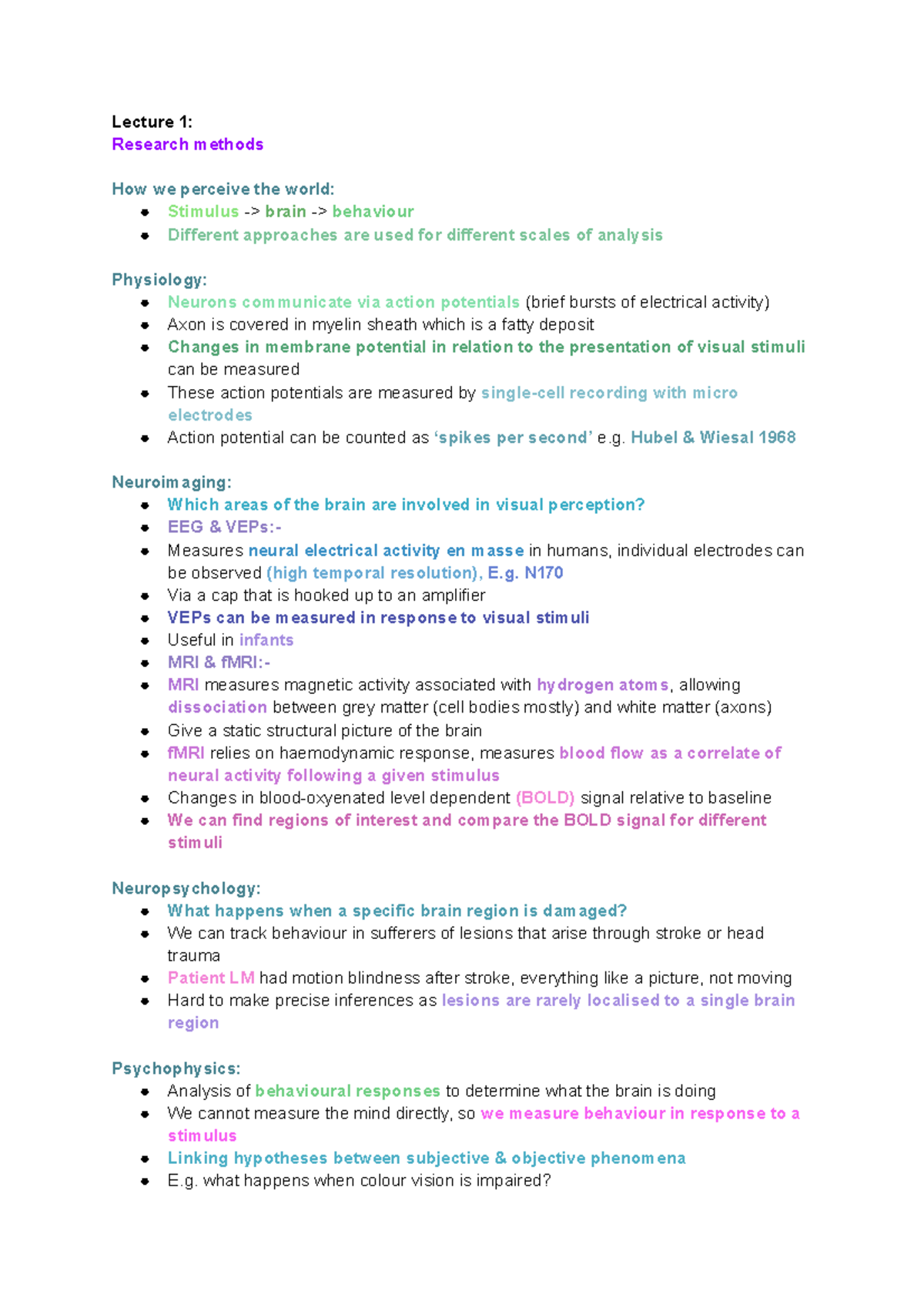 Perception - Lecture notes 1-19 - Lecture 1: Research methods How we ...