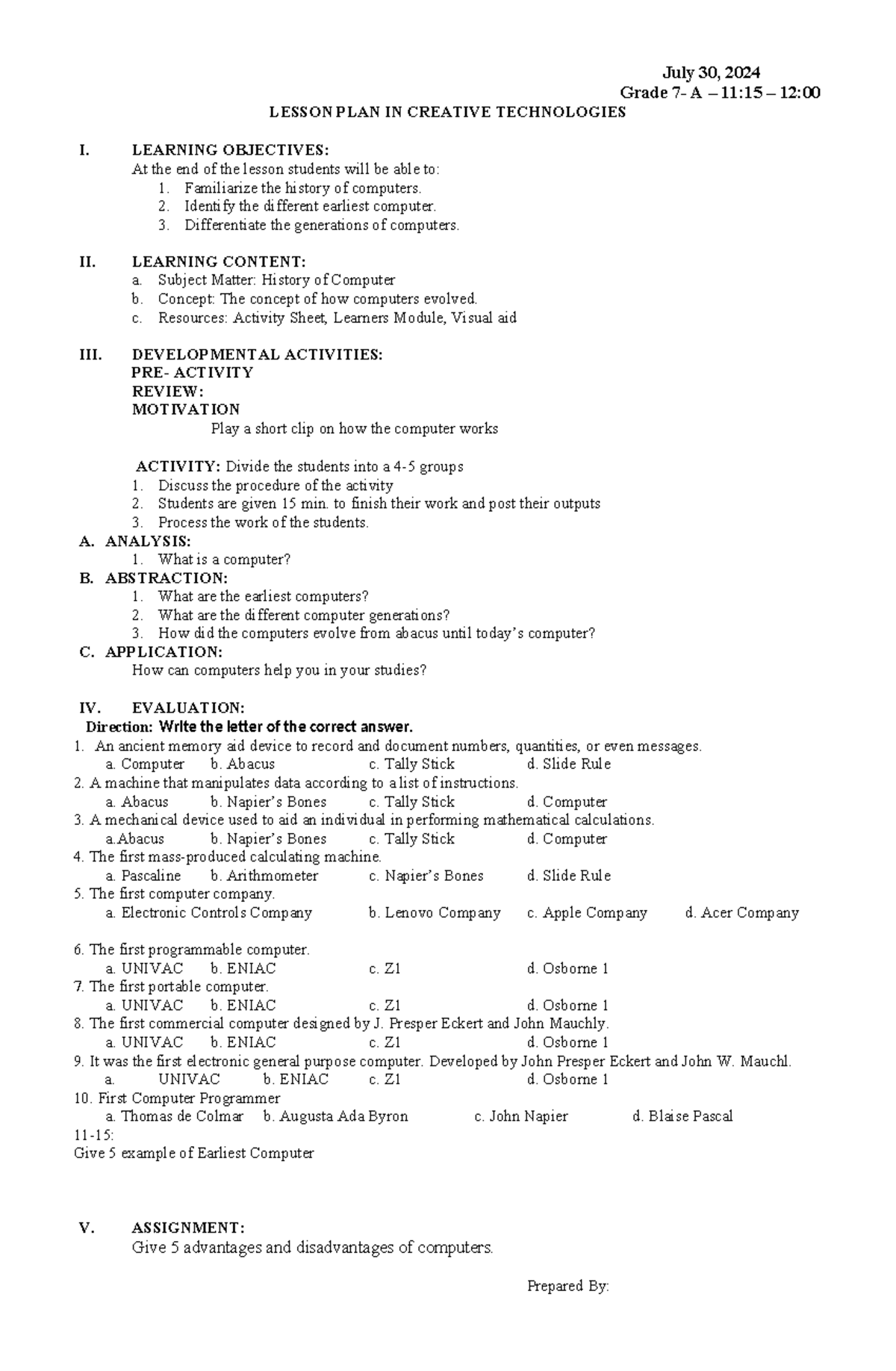 Lp in Dynamic Computer - simple lesson plan - July 30, 2024 Grade 7- A ...