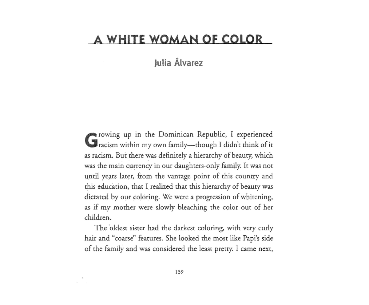 A White Woman of Color Reading material for reading quiz. A WHITE