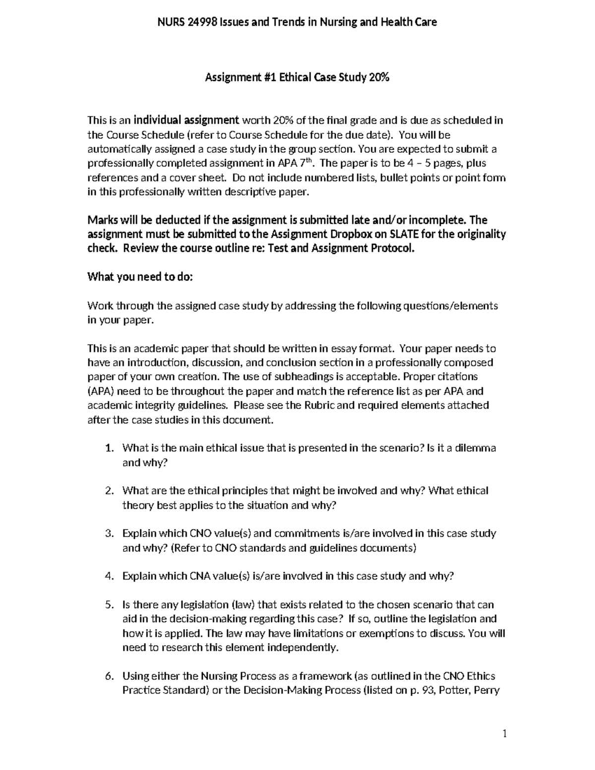 Assignment 1-Ethical Case Study Assignment - Assignment #1 Ethical Case ...