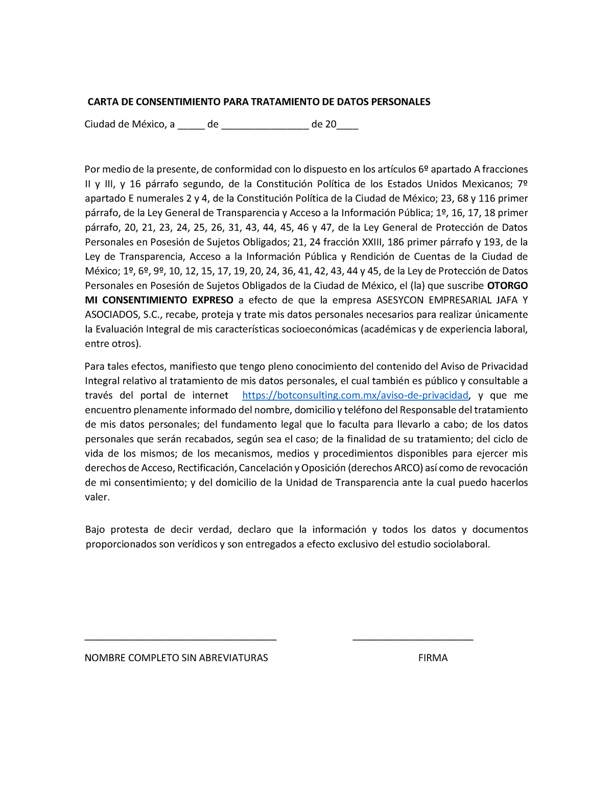 Carta De Consentimiento Para Tratamiento De Datos Personales Carta De Consentimiento Para 1251