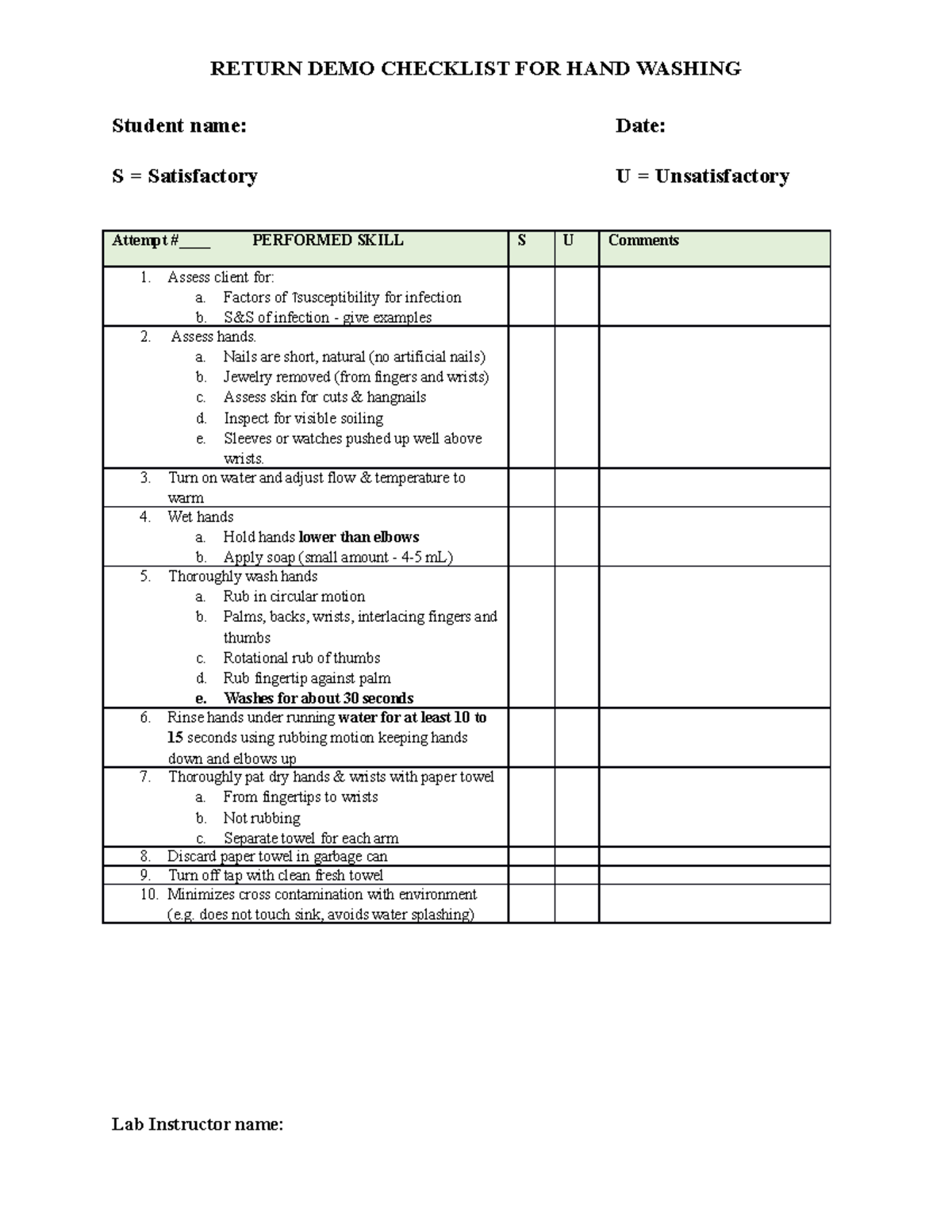 Handhygiene - Clinical - RETURN DEMO CHECKLIST FOR HAND WASHING Student ...