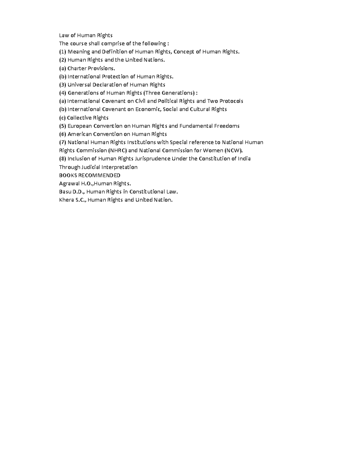 LHR Syllabus - Law of Human Rights The course shall comprise of the ...