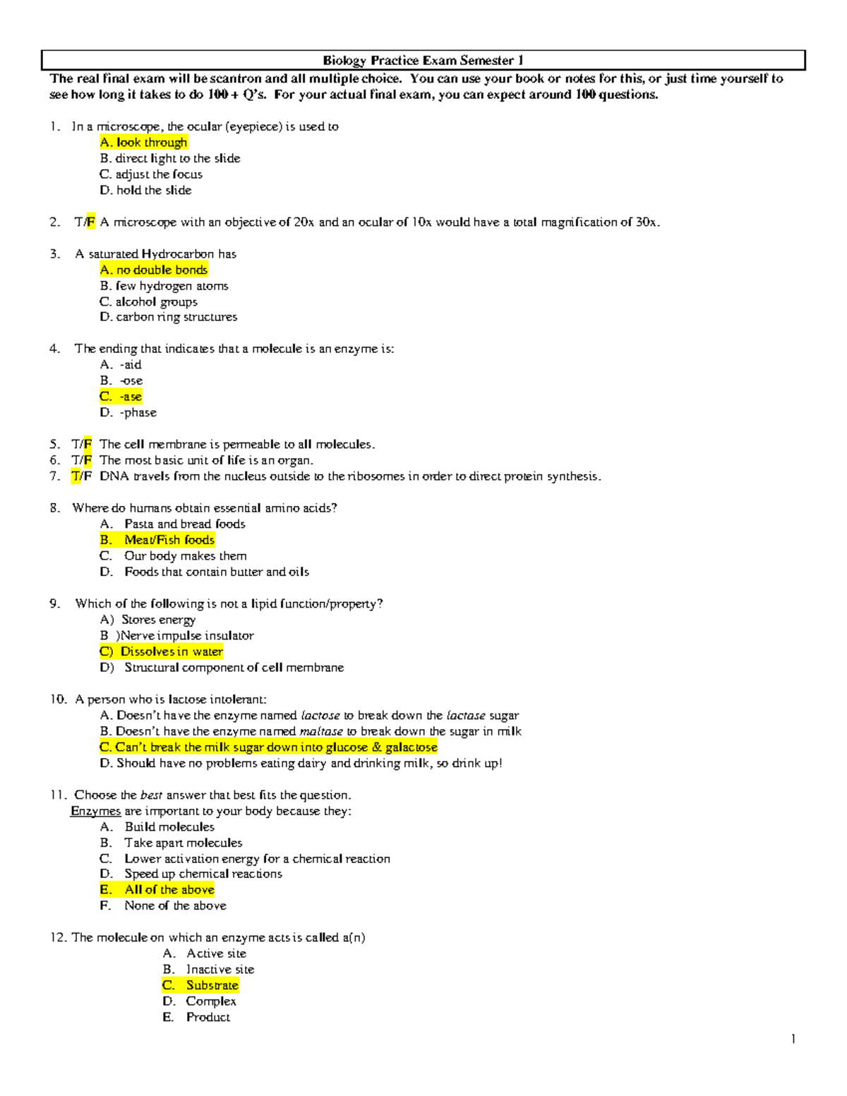 BCC TEST #1 practice exam key - Biology Practice Exam Semester 1 The ...