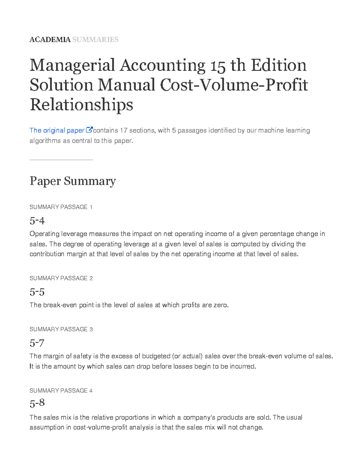 Academia Summary — Managerial Accounting 15 th Edition Solution Manual ...