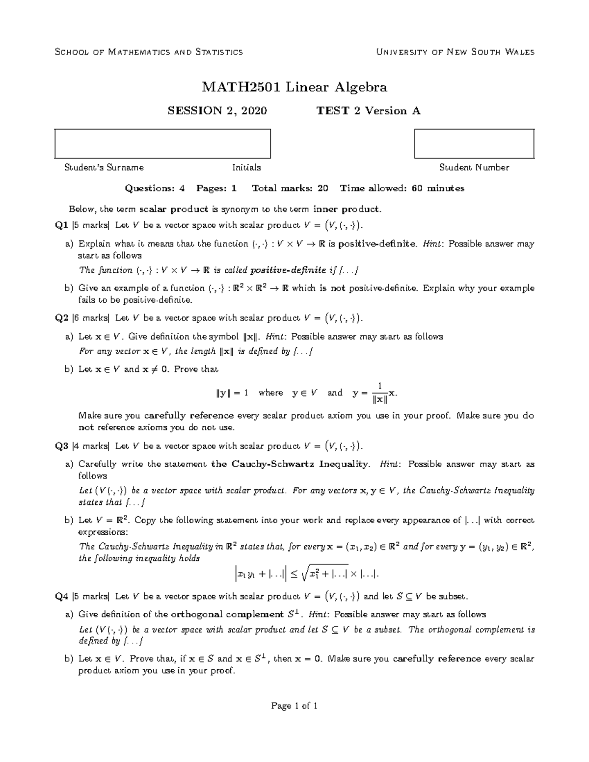 Test-2A-2020 - test 2 - MATH2501 - UNSW Sydney - Studocu