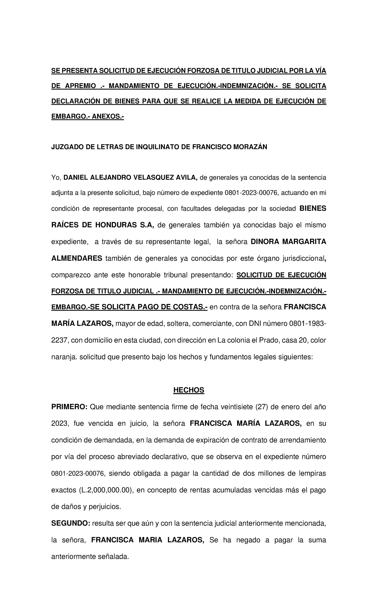 Solicitud De Ejecución De Sentencia Se Presenta Solicitud De EjecuciÓn Forzosa De Titulo 8330