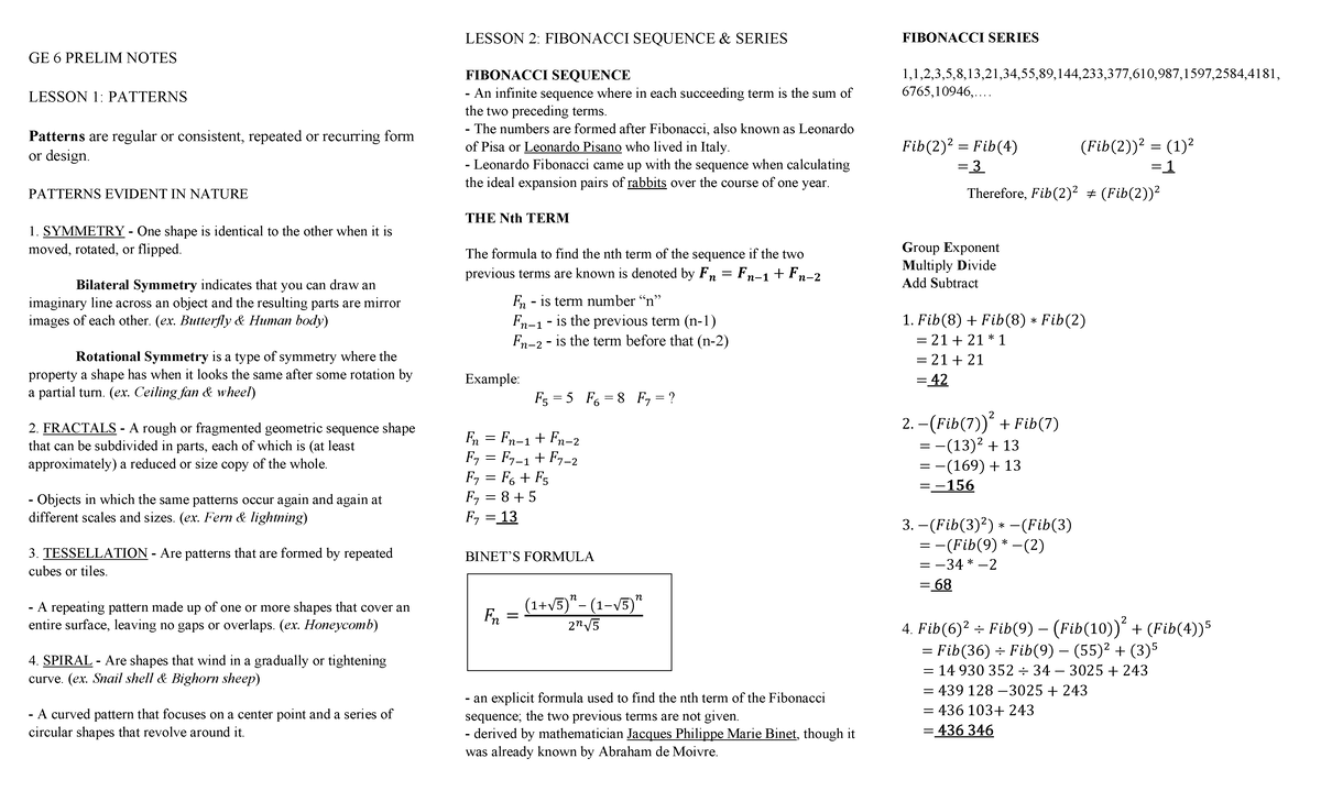 GE6 - Summary Bsed Mathematics - GE 6 PRELIM NOTES LESSON 1: PATTERNS ...