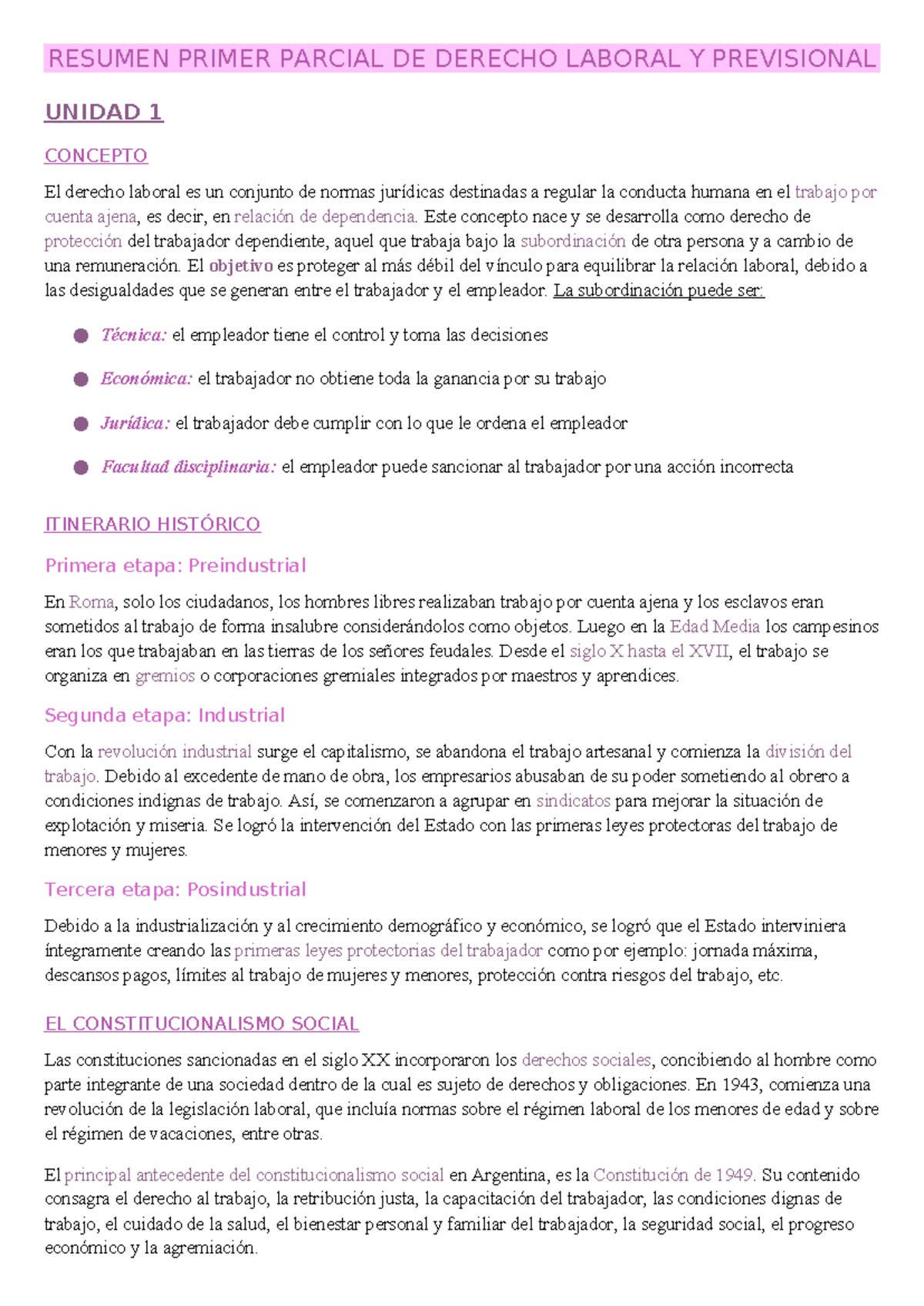Resumen Primer Parcial DE Derecho Laboral Y Previsional - RESUMEN ...