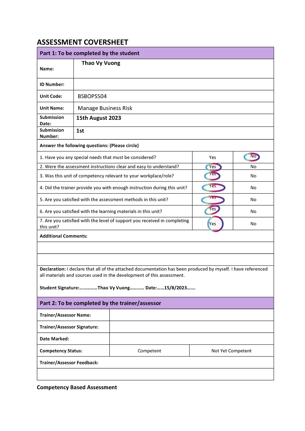 Assessment-Coversheet 4 - ASSESSMENT COVERSHEET Part 1: To be completed ...