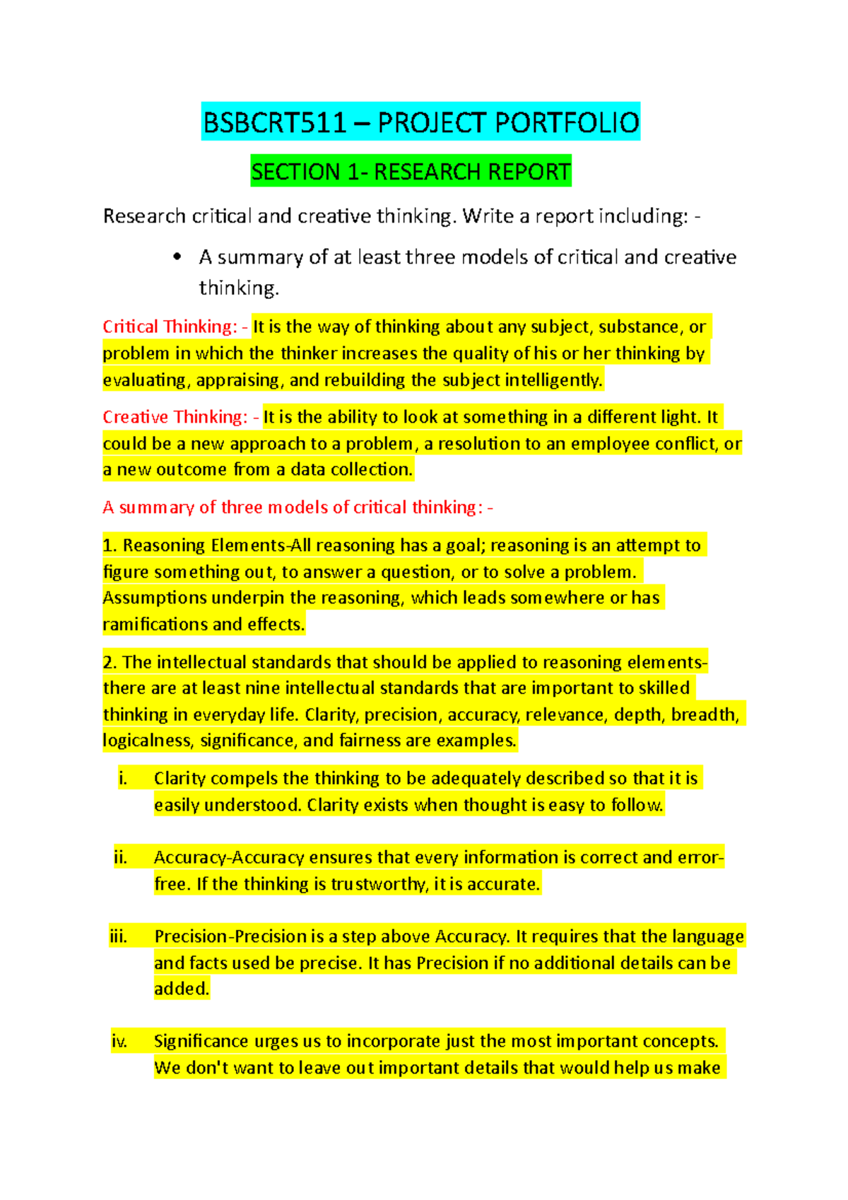 Bsbcrt 511 Research Report - BSBCRT511 – PROJECT PORTFOLIO SECTION 1 ...