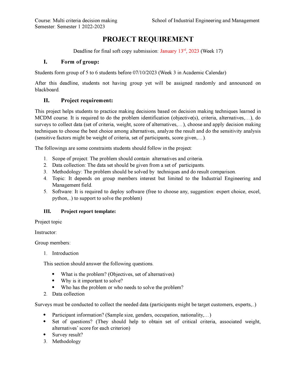 Semester Project Description - Course: Multi criteria decision making ...