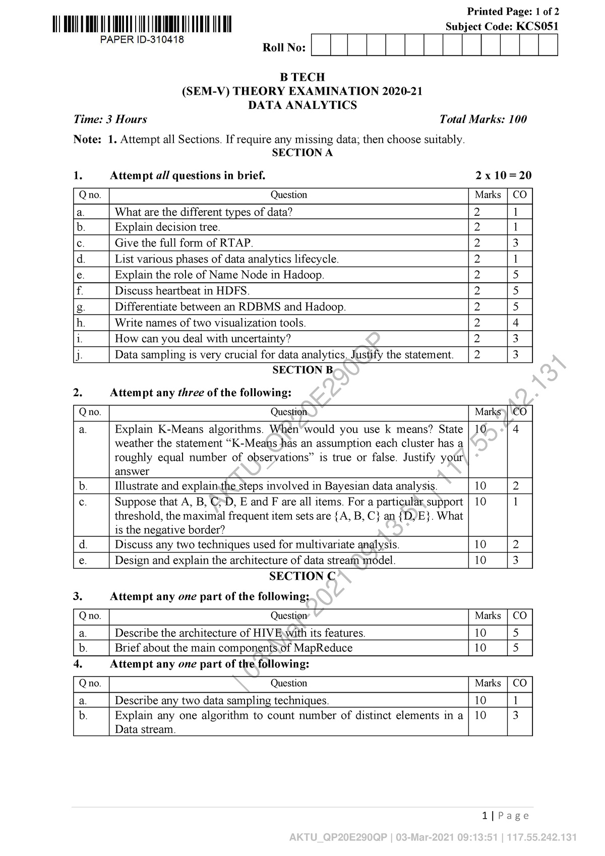 DATA Analytics KCS 051 - dwqwasdwqeqwdistribution? To help you ...