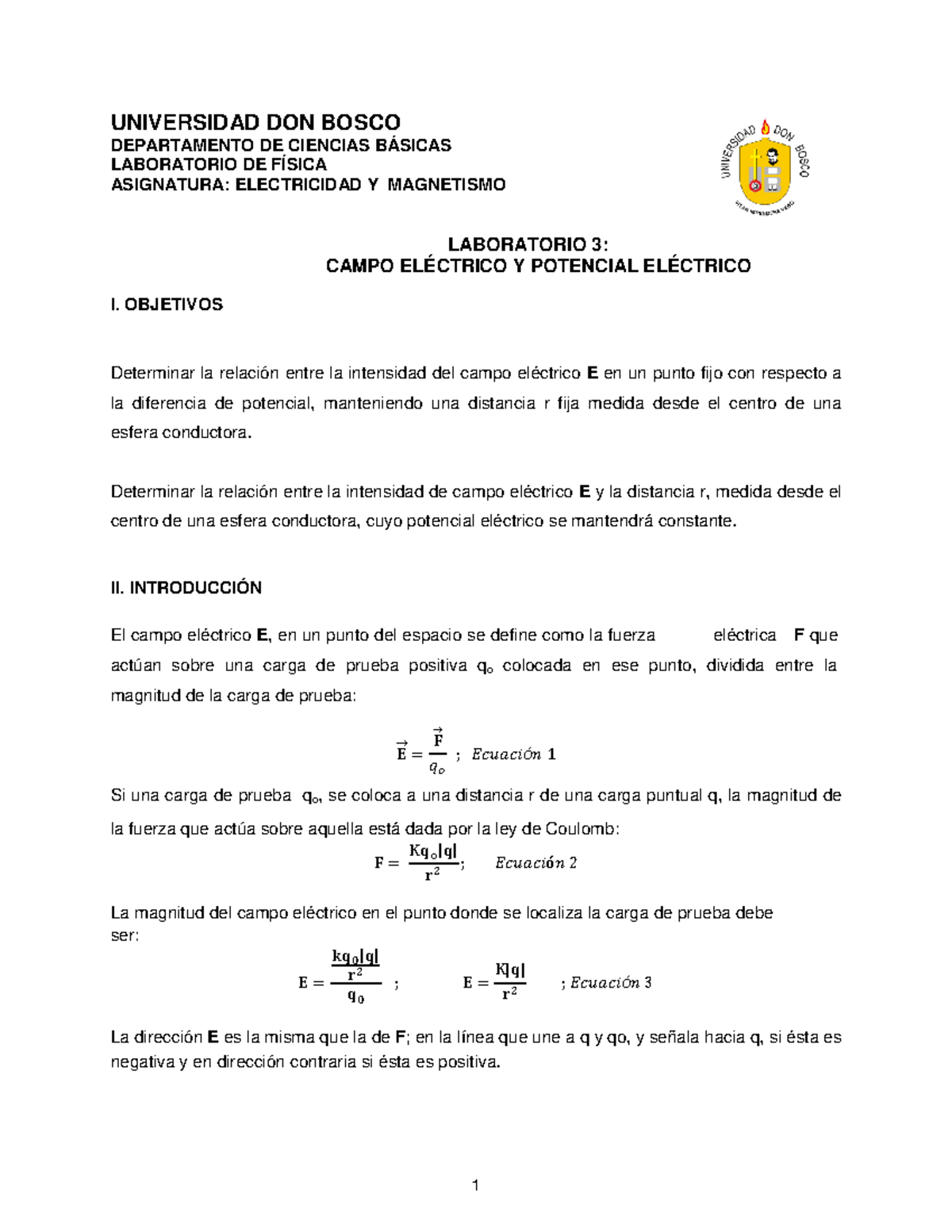 Campo Eléctrico Y Potencial Eléctrico - UNIVERSIDAD DON BOSCO ...