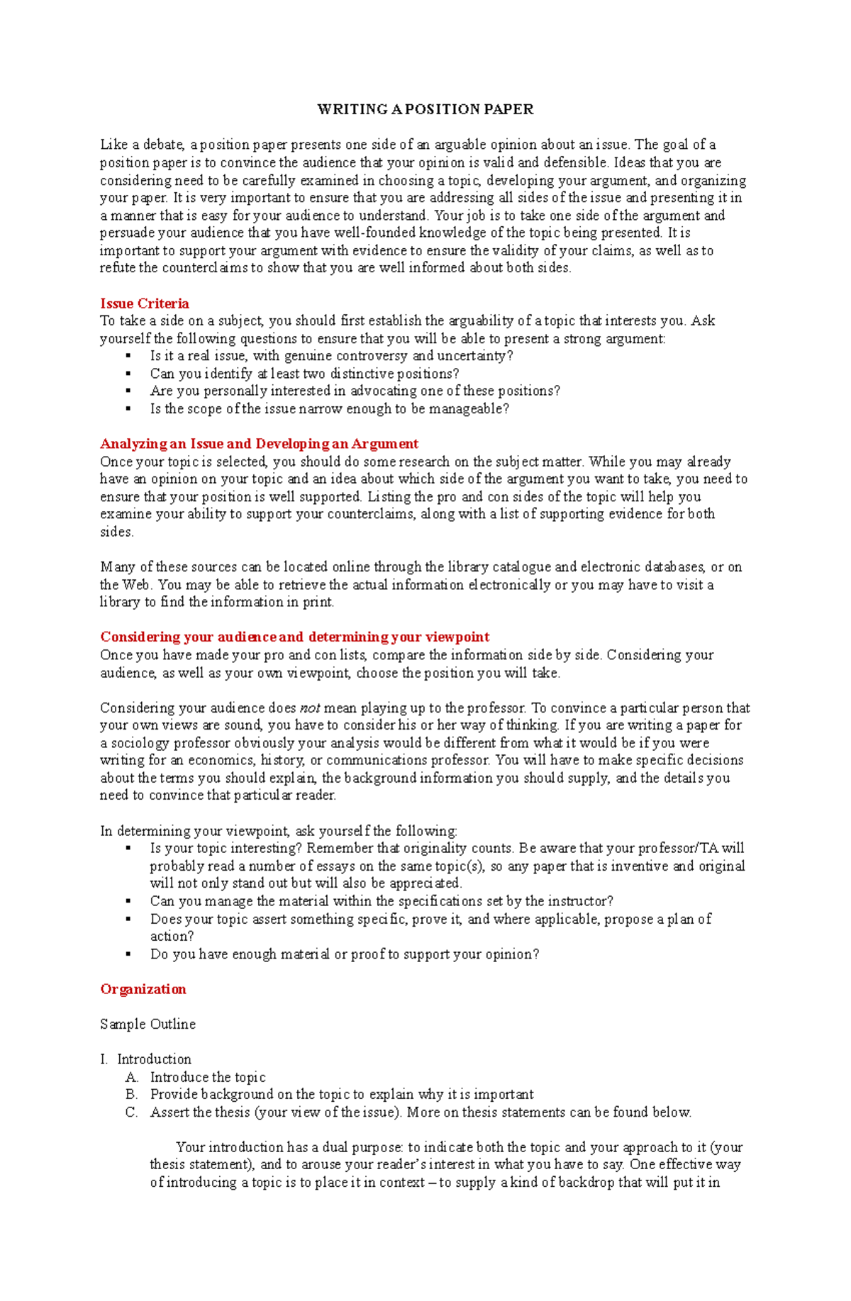 position paper essay outline