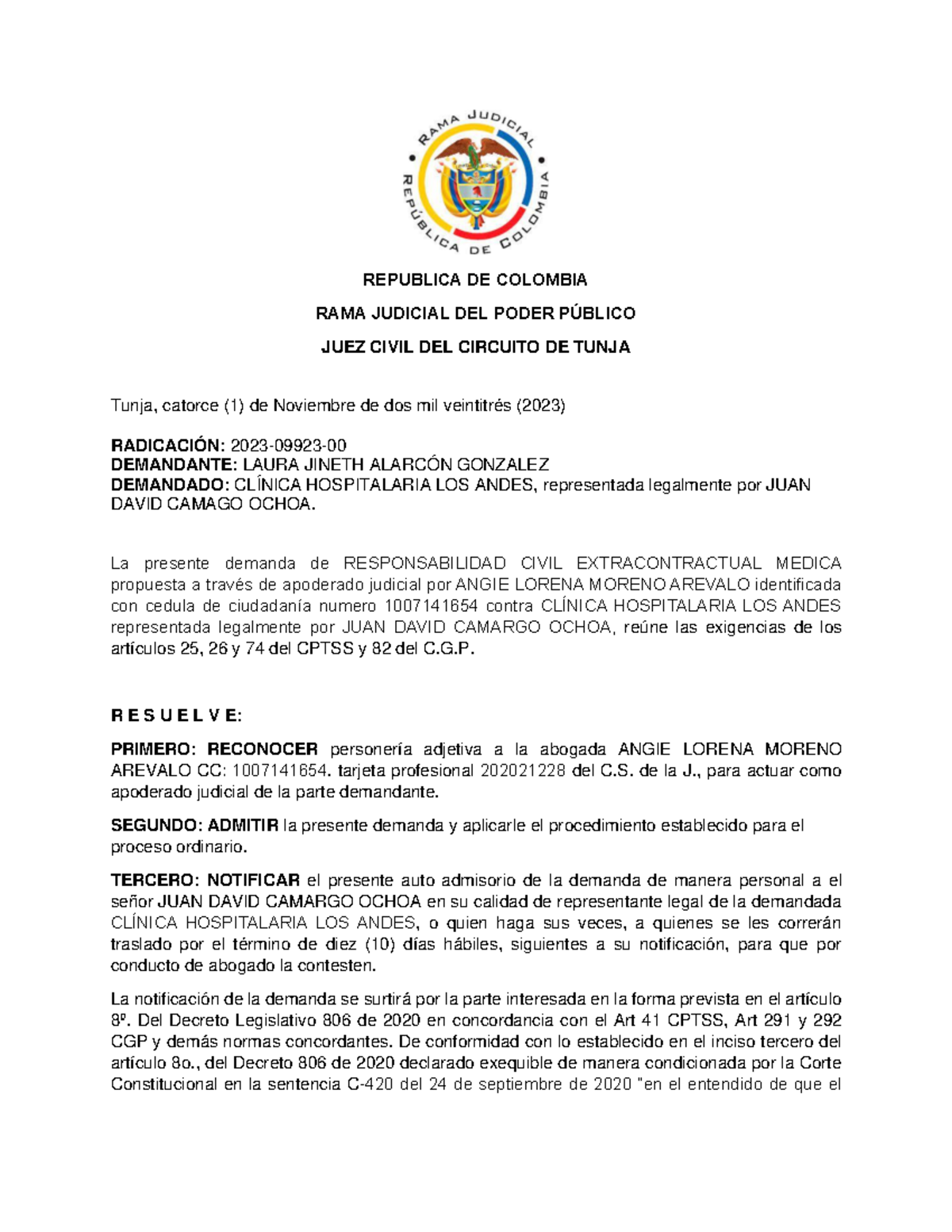 AUTO Admisorio - REPUBLICA DE COLOMBIA RAMA JUDICIAL DEL PODER PÚBLICO ...