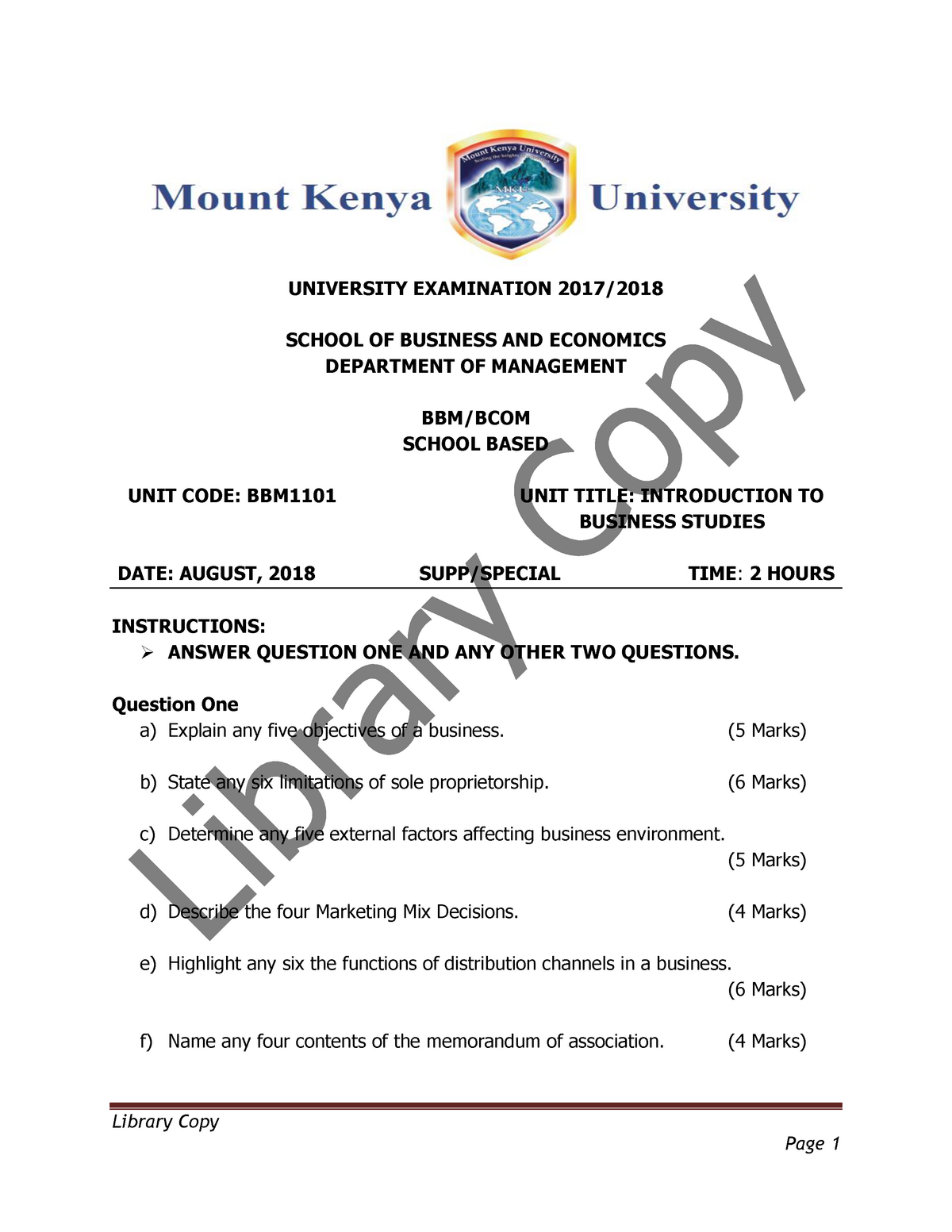 BBM1101 Introduction TO Business Studies SB SUPP - Library Copy Page 1 ...