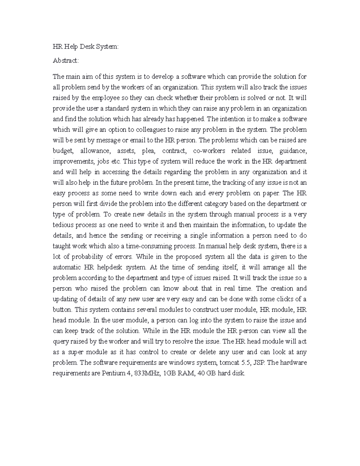 HR Help Desk System Abstract - HR Help Desk System: Abstract: The main ...