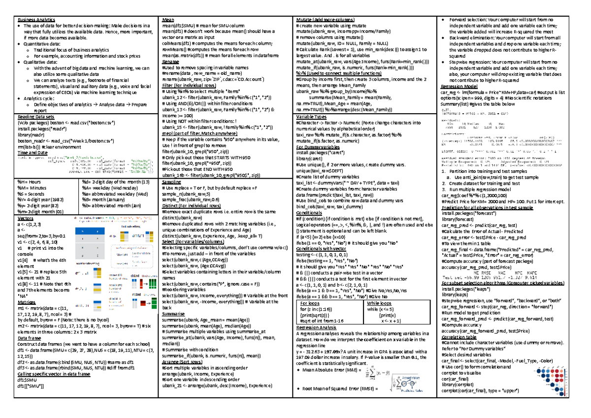 Mid Term Examination Cheat Sheet (Single Page) - Business Analytics The ...