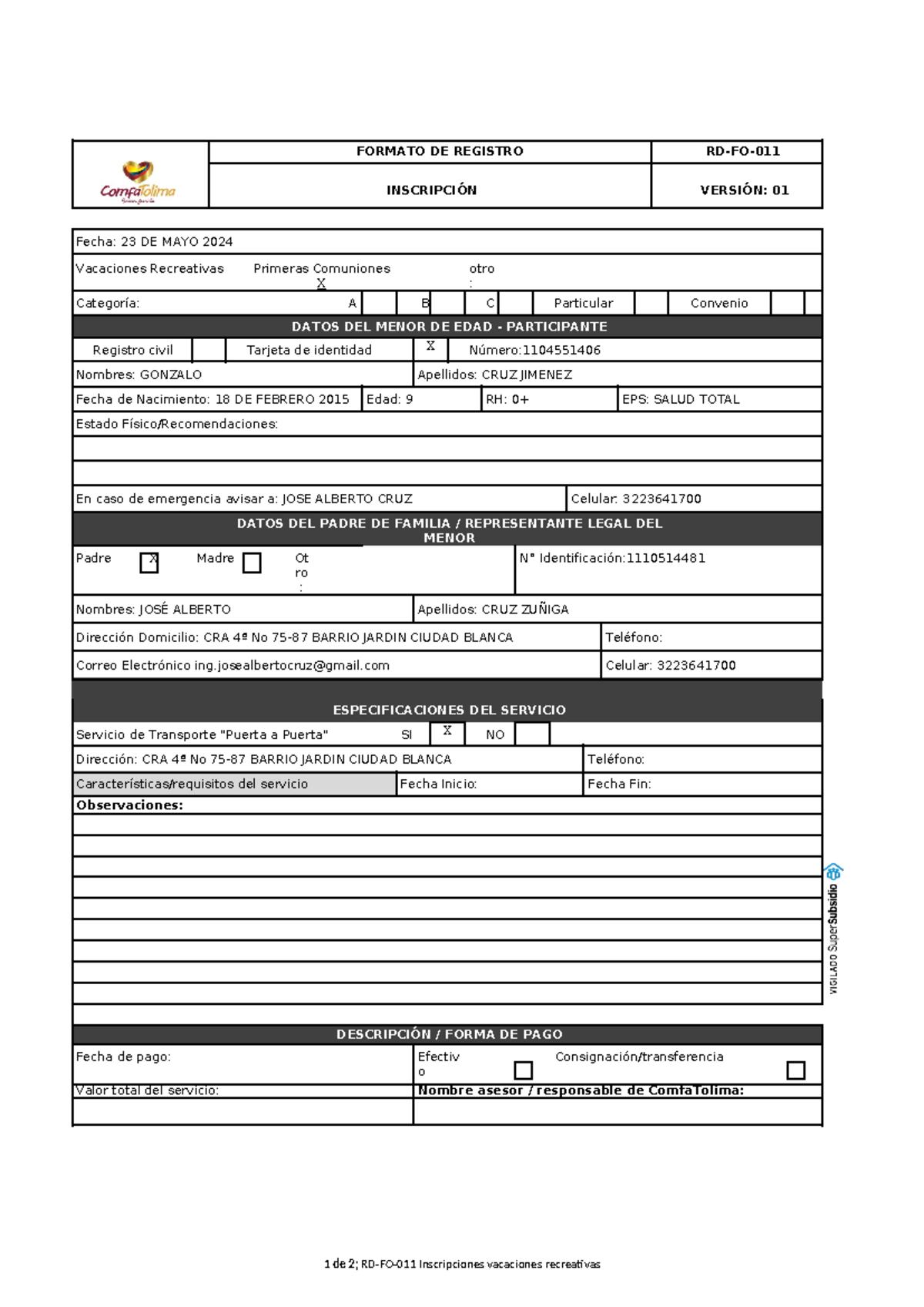 383535 rdfo011v1 - SDASS - 1 de 2; RD-FO-011 Inscripciones vacaciones ...