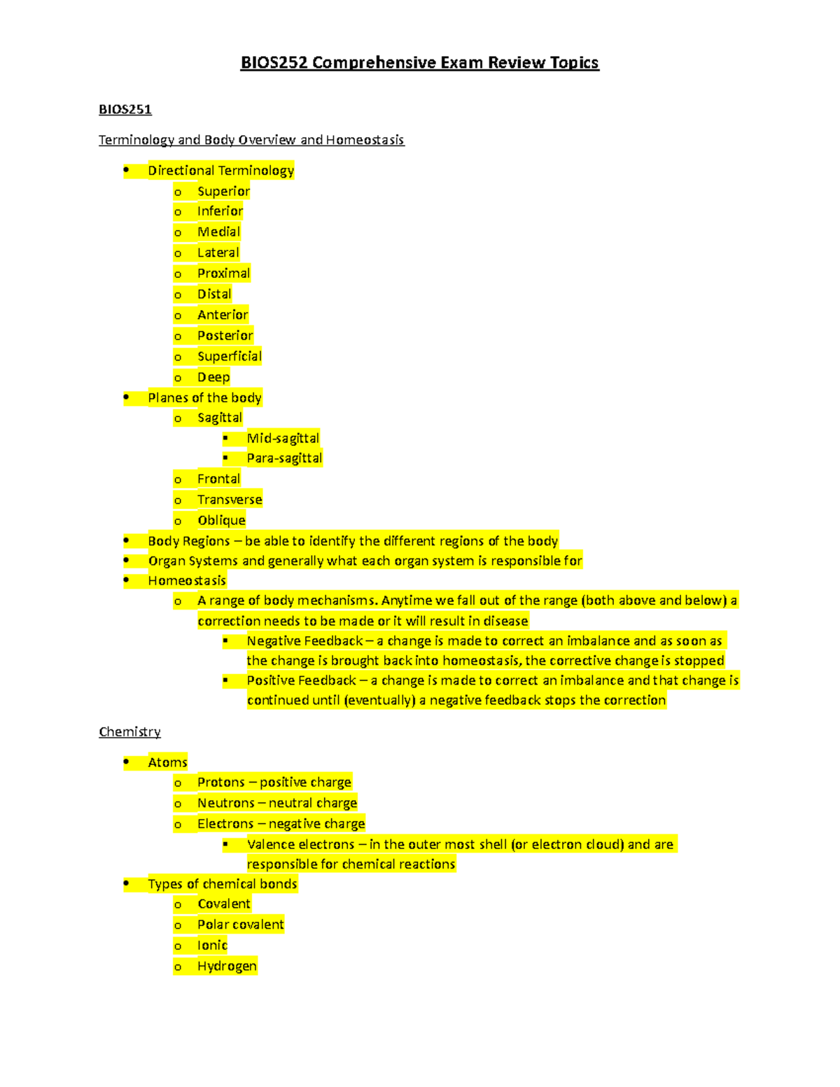 BIOS252 Comprehensive Exam Review Guide - BIOS Terminology and Body ...