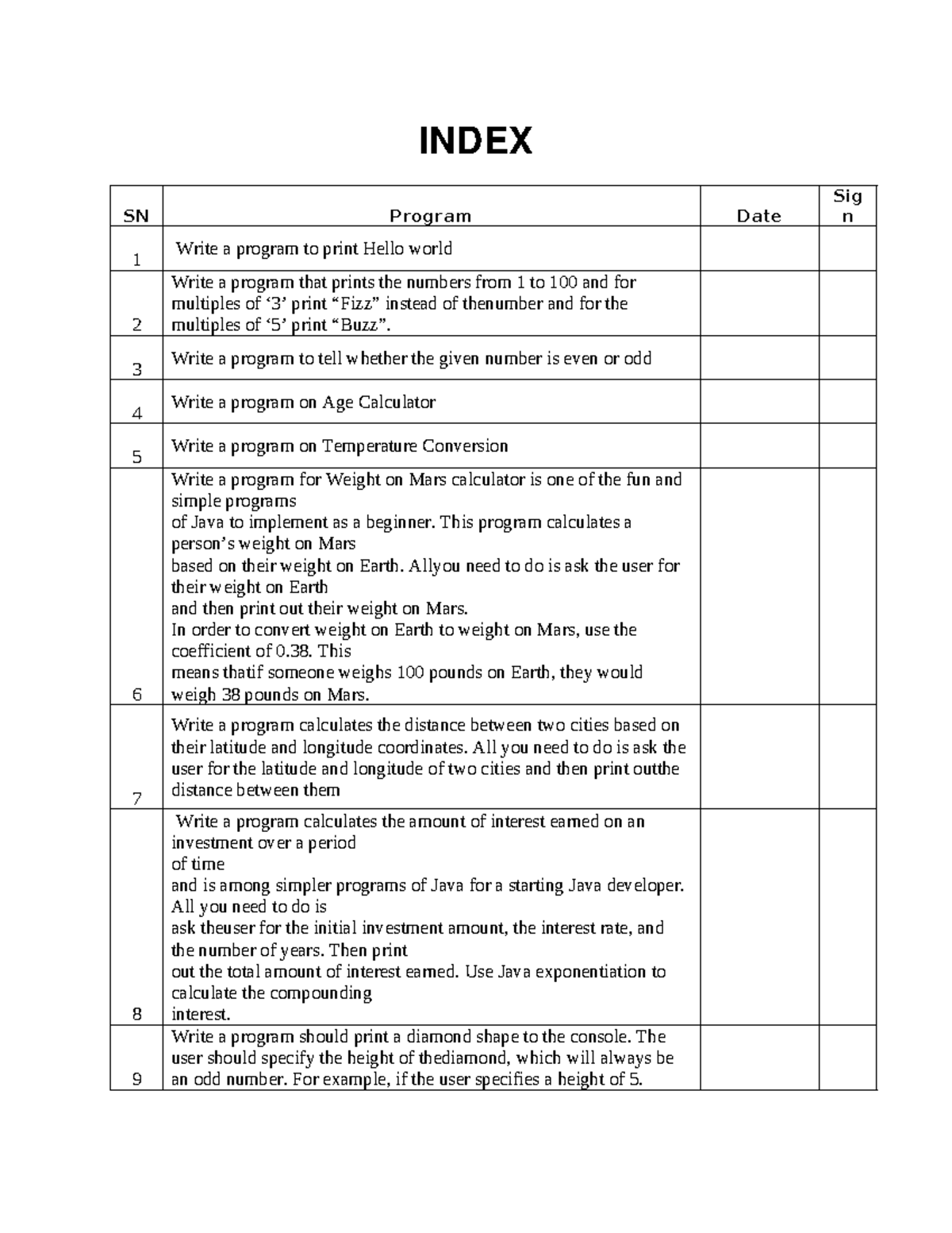 OOP final - INDEX SN Program Date Sig n 1 Write a program to print ...