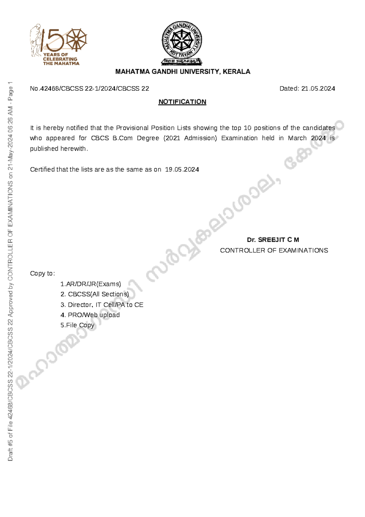 B-COM - No/CBCSS 22-1/2024/CBCSS 22 Dated: 21. Dr. SREEJIT C M ...