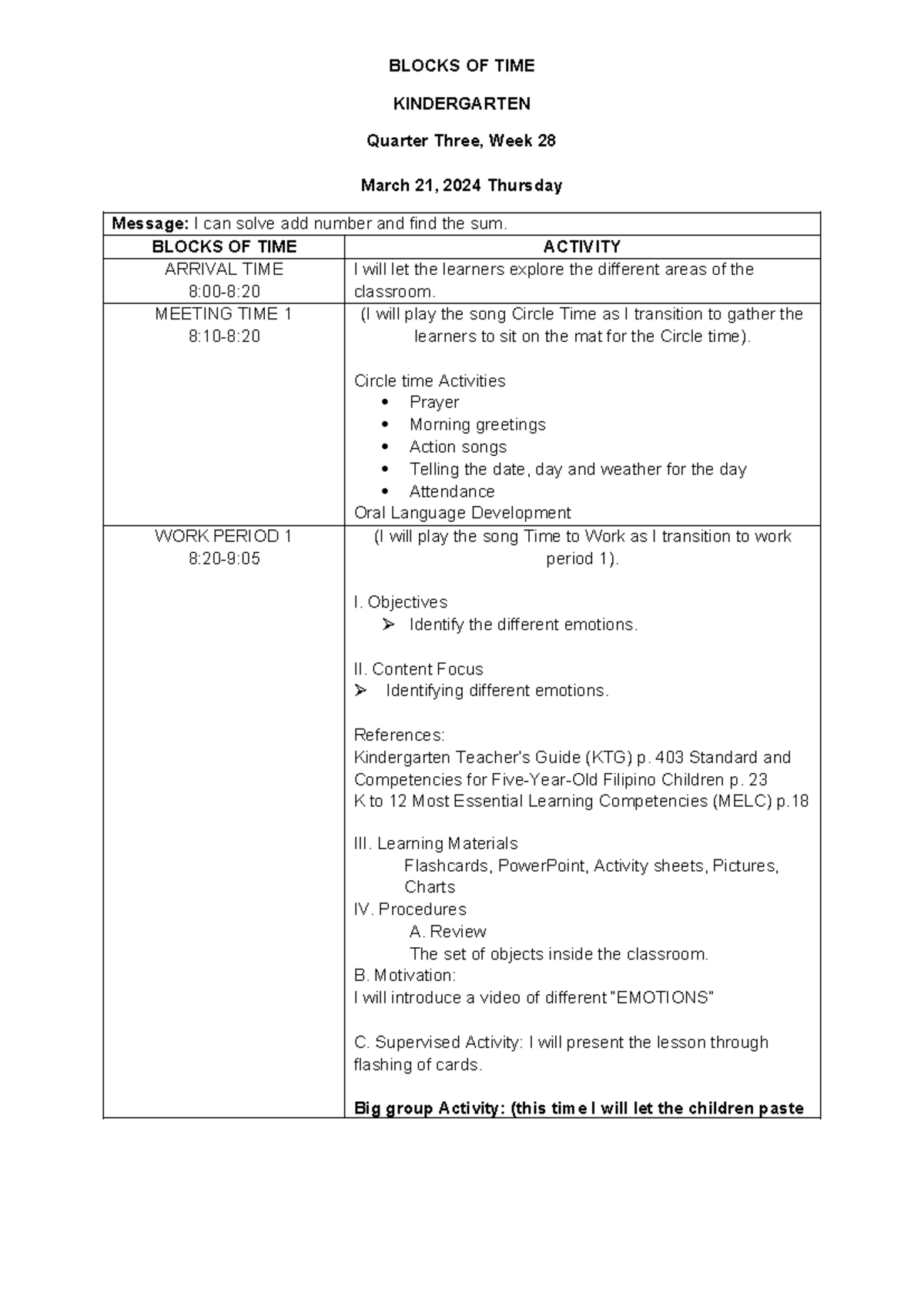 Blocks OF TIME Thursday Final BLOCKS OF TIME KINDERGARTEN Quarter