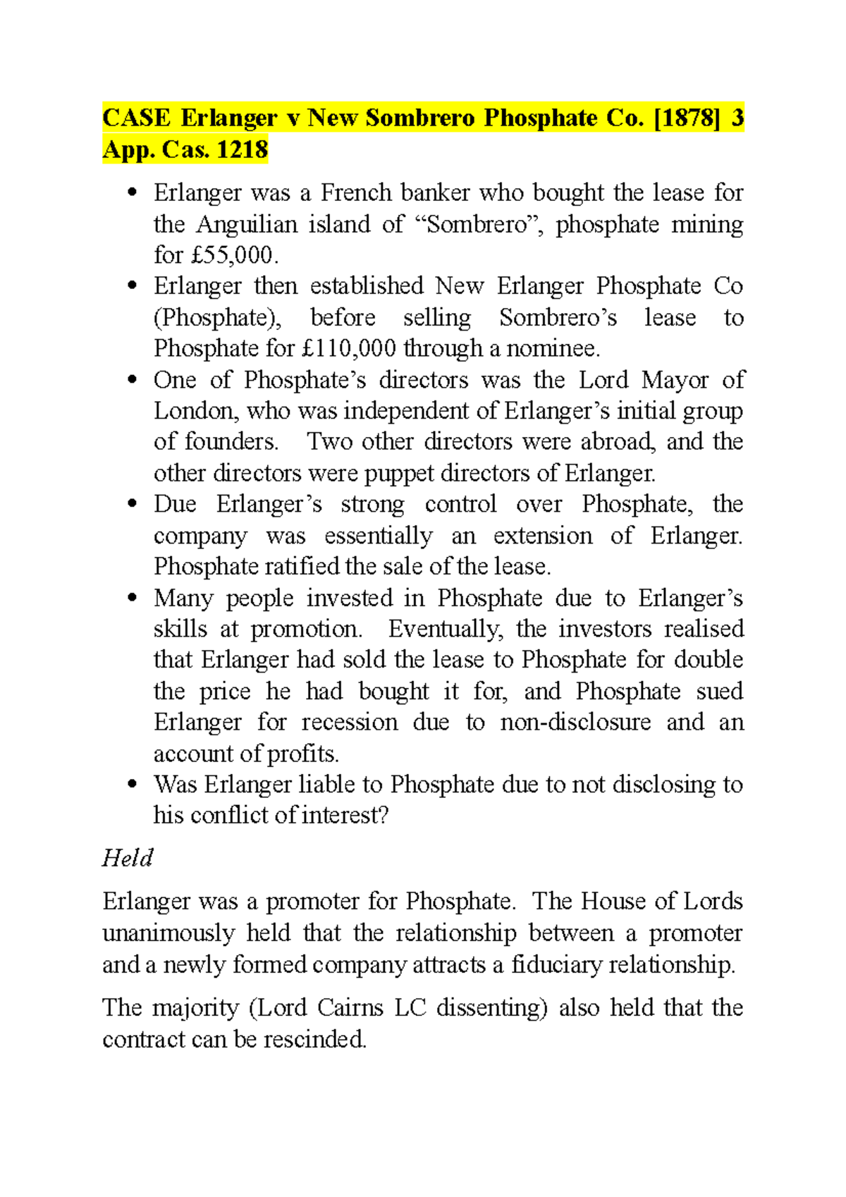 Bars TO Recission cases (2) CASE Erlanger v New Sombrero Phosphate Co