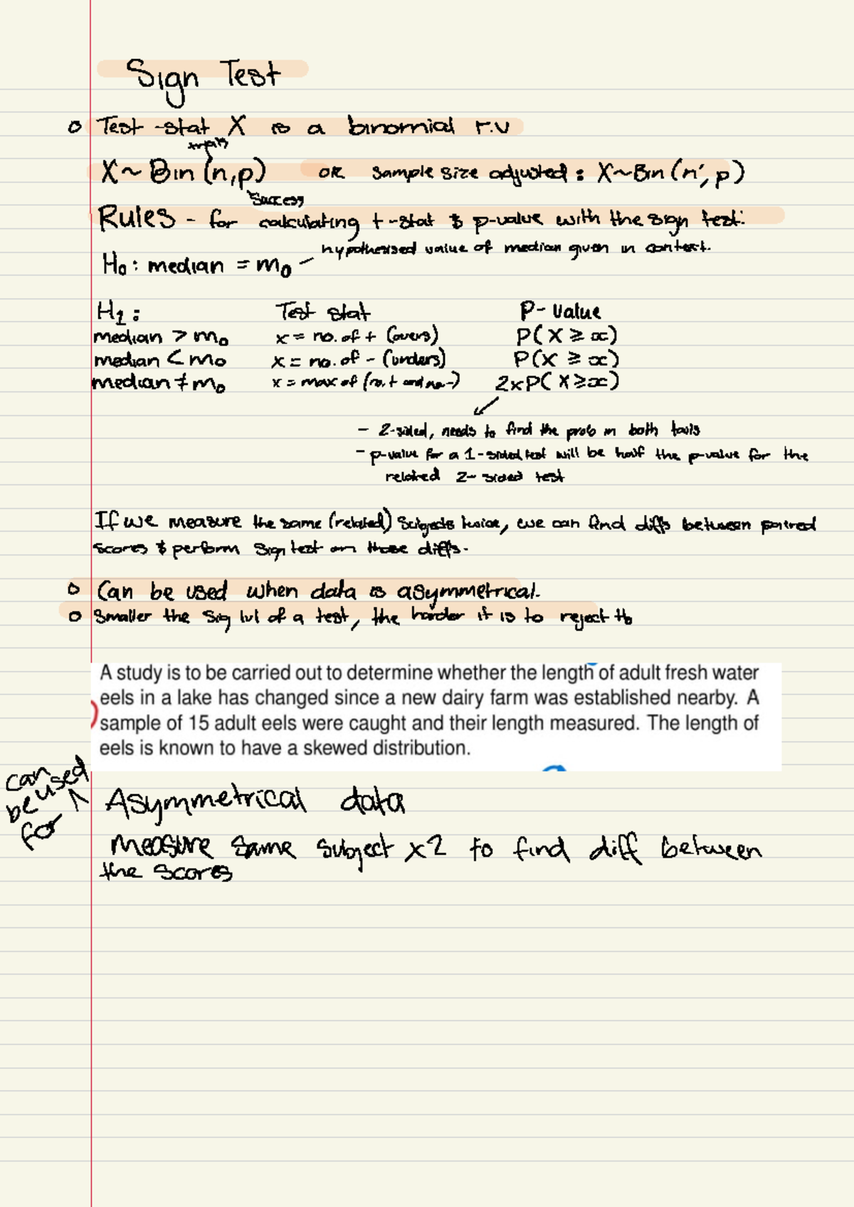 Revision Sheet 6 - sign test - Sign Test 0 ####### Test stat 7 is a ...