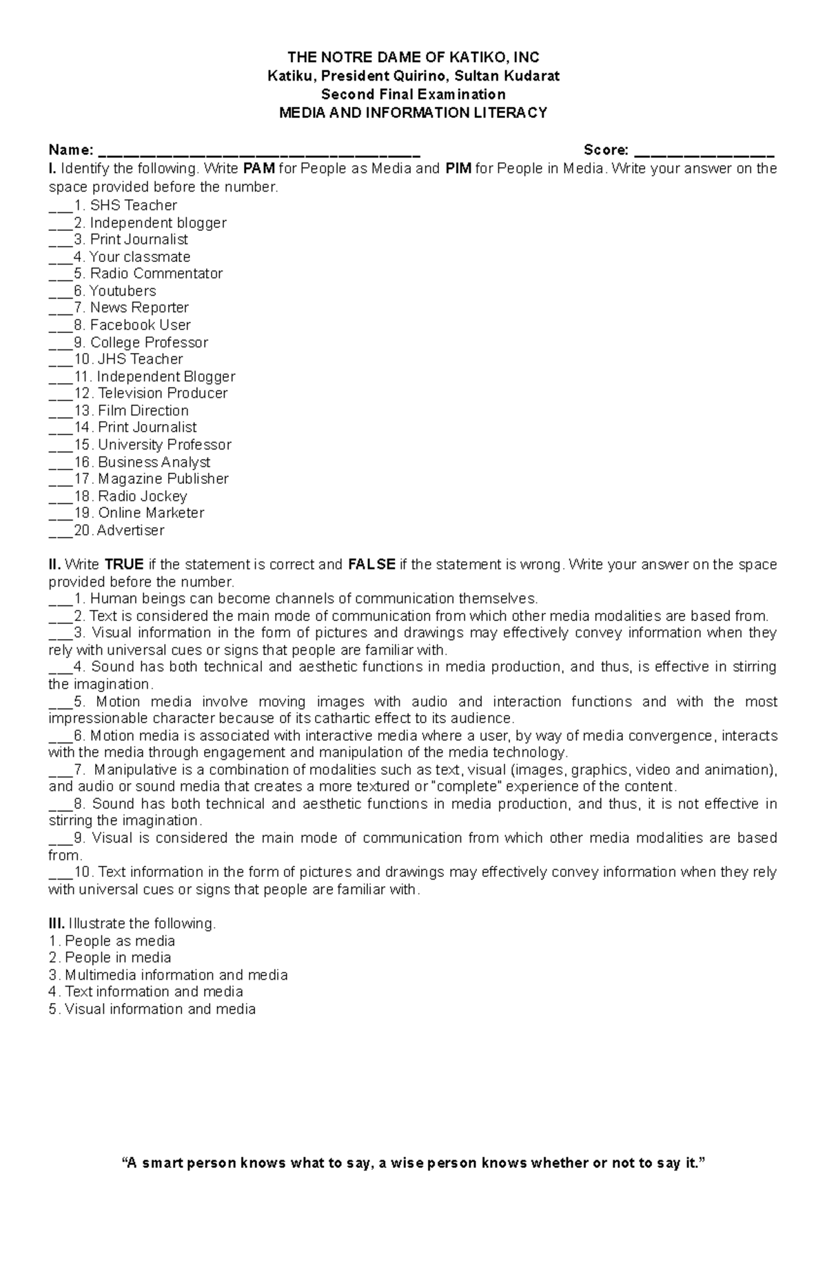 MIL 2ND Final EXAM 2020 THE NOTRE DAME OF KATIKO, INC Katiku