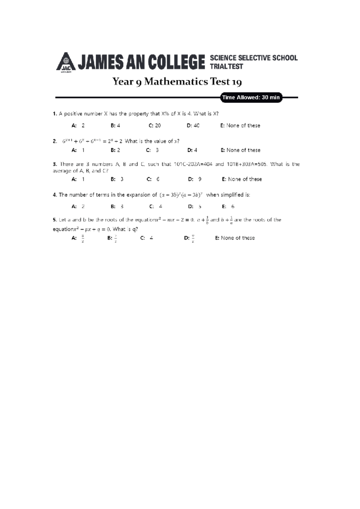 James An Maths Test 19 1 - S2000 - Studocu