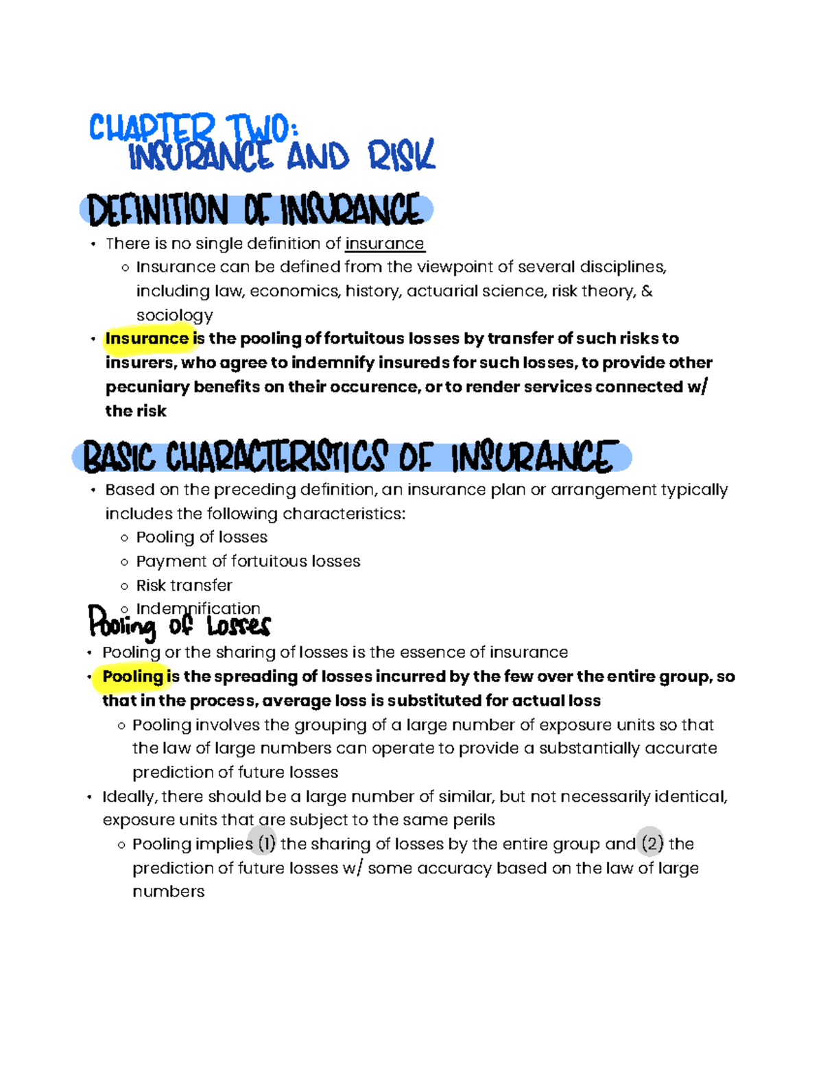 Insurance and Risk Chapter 2 book notes CHAPTER TWO INSURANCE AND