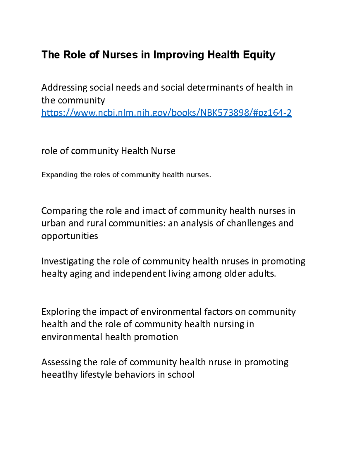 Learning plan topics The Role of Nurses in Improving Health Equity