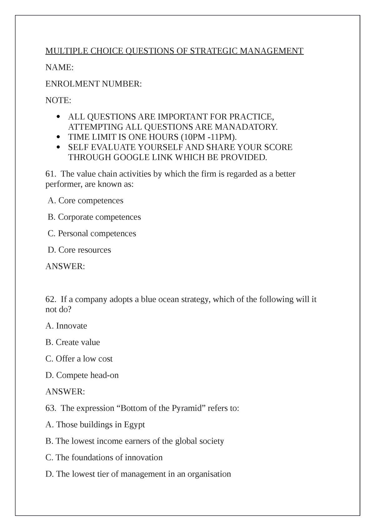 MCQ Strategic Management - MULTIPLE CHOICE QUESTIONS OF STRATEGIC ...