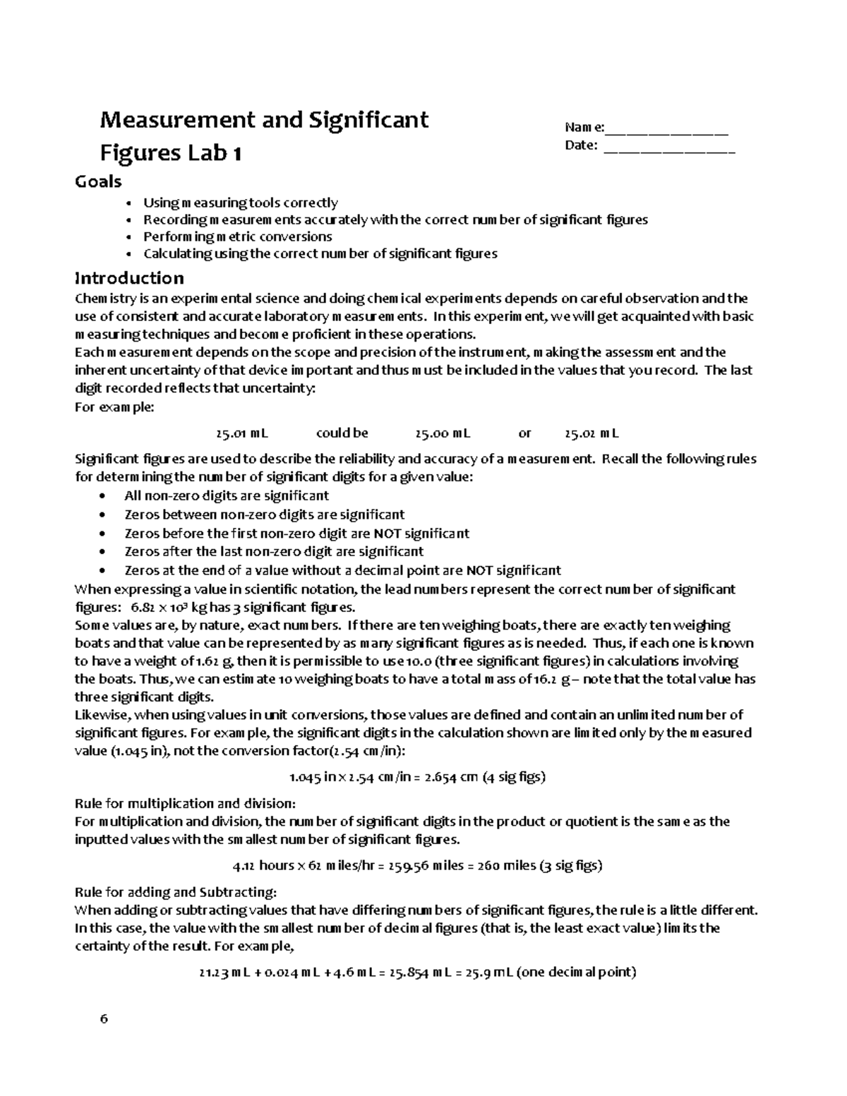 Lab 01 Measurement And Significant Figures Chemistry Online 110 Lab ...