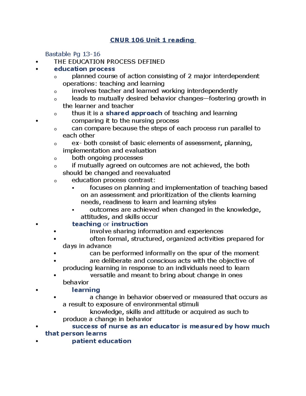 CNUR 106 notes - CNUR 106 Unit 1 reading Bastable Pg 13- THE EDUCATION ...