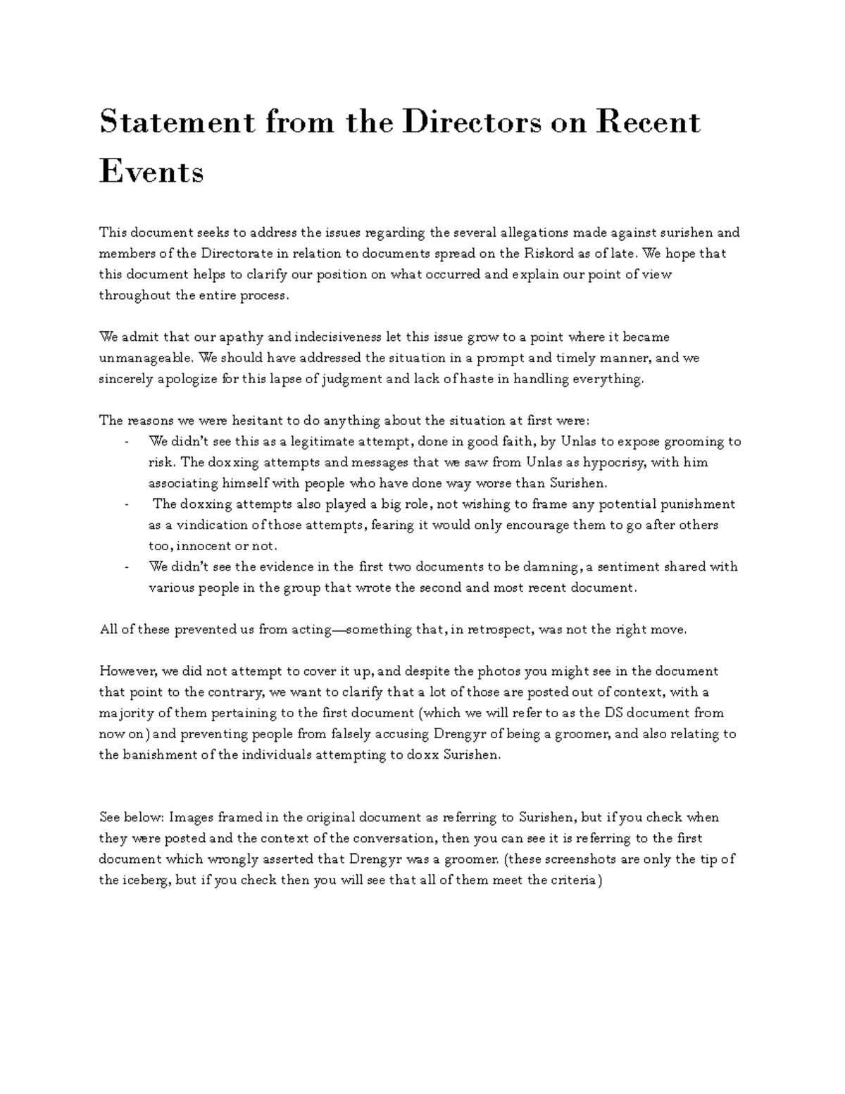 Statement from the Directors on Recent Events - Statement from the ...