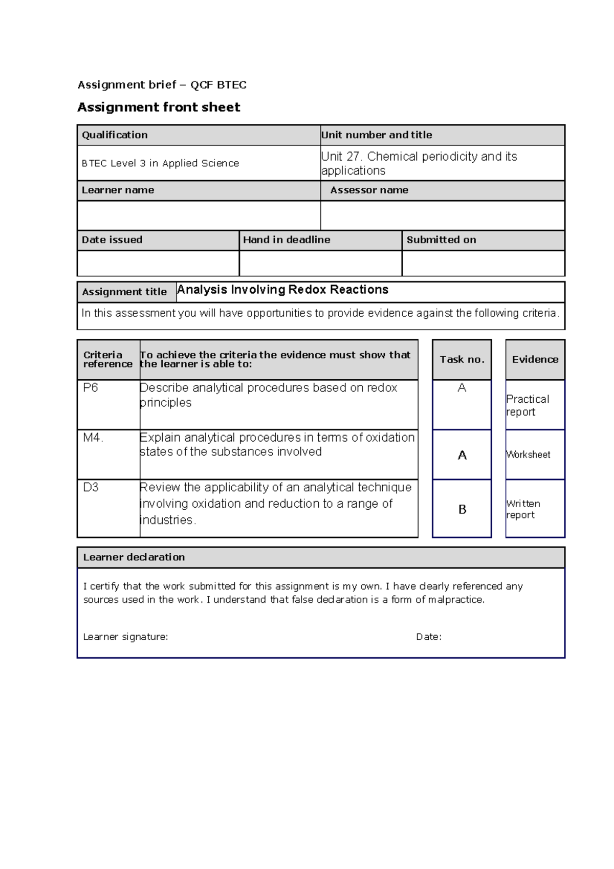 Unit 2 Working in the Science Industry - Assignment brief – QCF BTEC ...