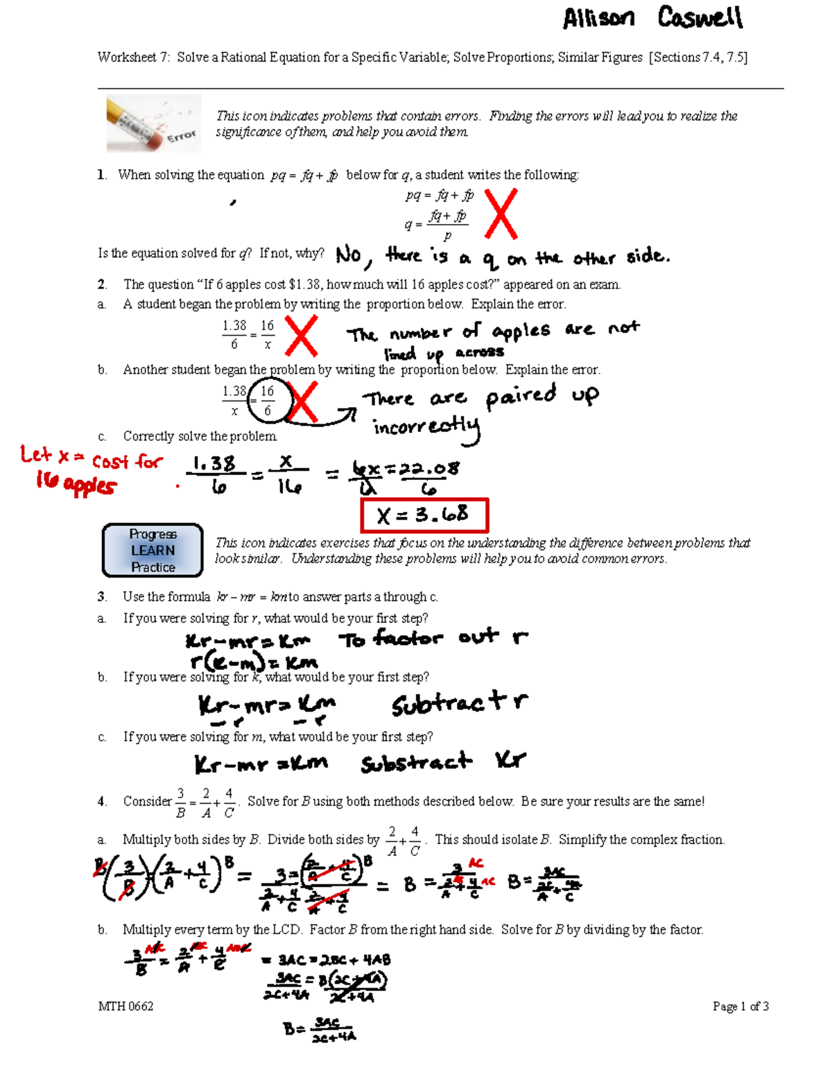 Worksheet 7-Literal Equations-Proportions-Similar Figures ...
