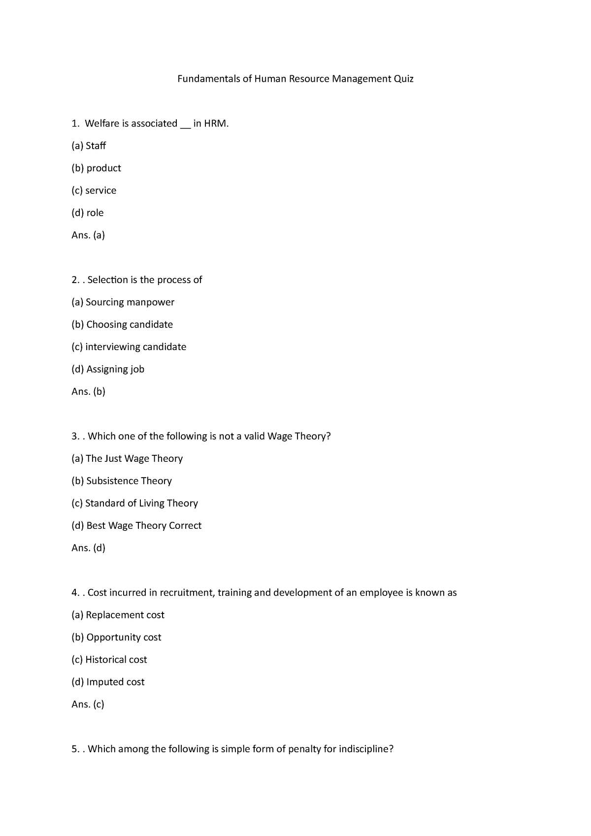 Fundamentals Of Human Resource Management Quiz 1 - Fundamentals Of ...