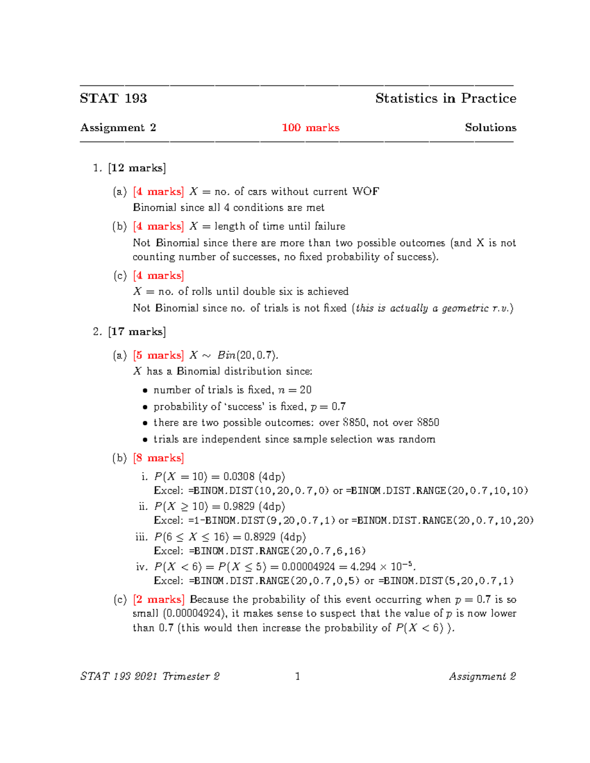 Ass 2 Answers - .... - ——————————————————————————————————————– STAT 193 ...
