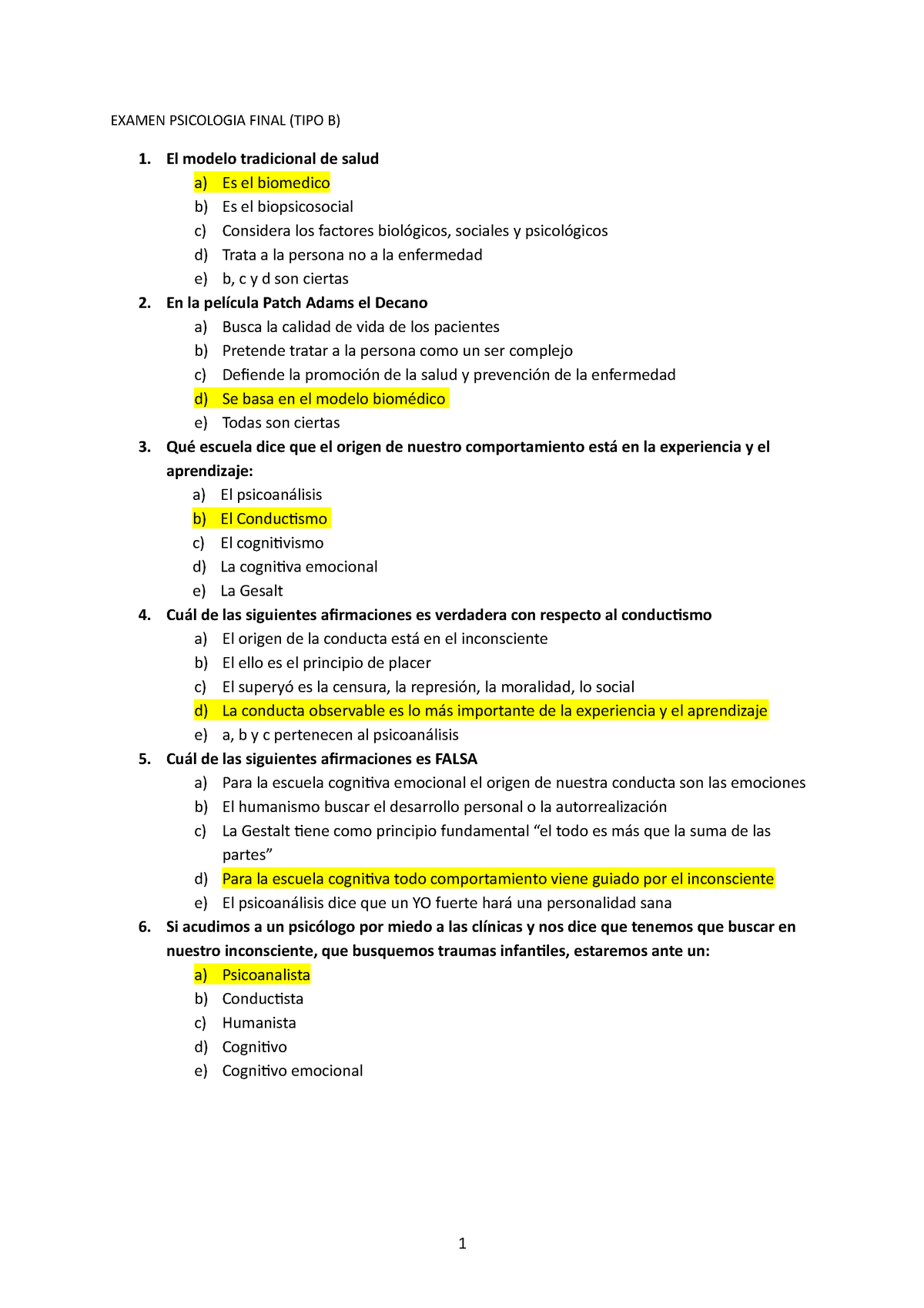 Examen Psicología Mayo Examen Psicologia Final Tipo B El Modelo Tradicional De Salud A Es