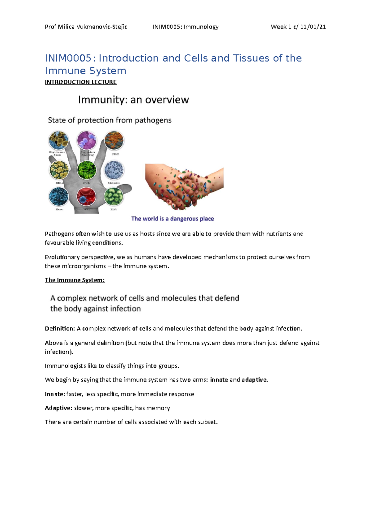 INIM0005 - Week 1 Intro and Cells and tissues of the immune system ...
