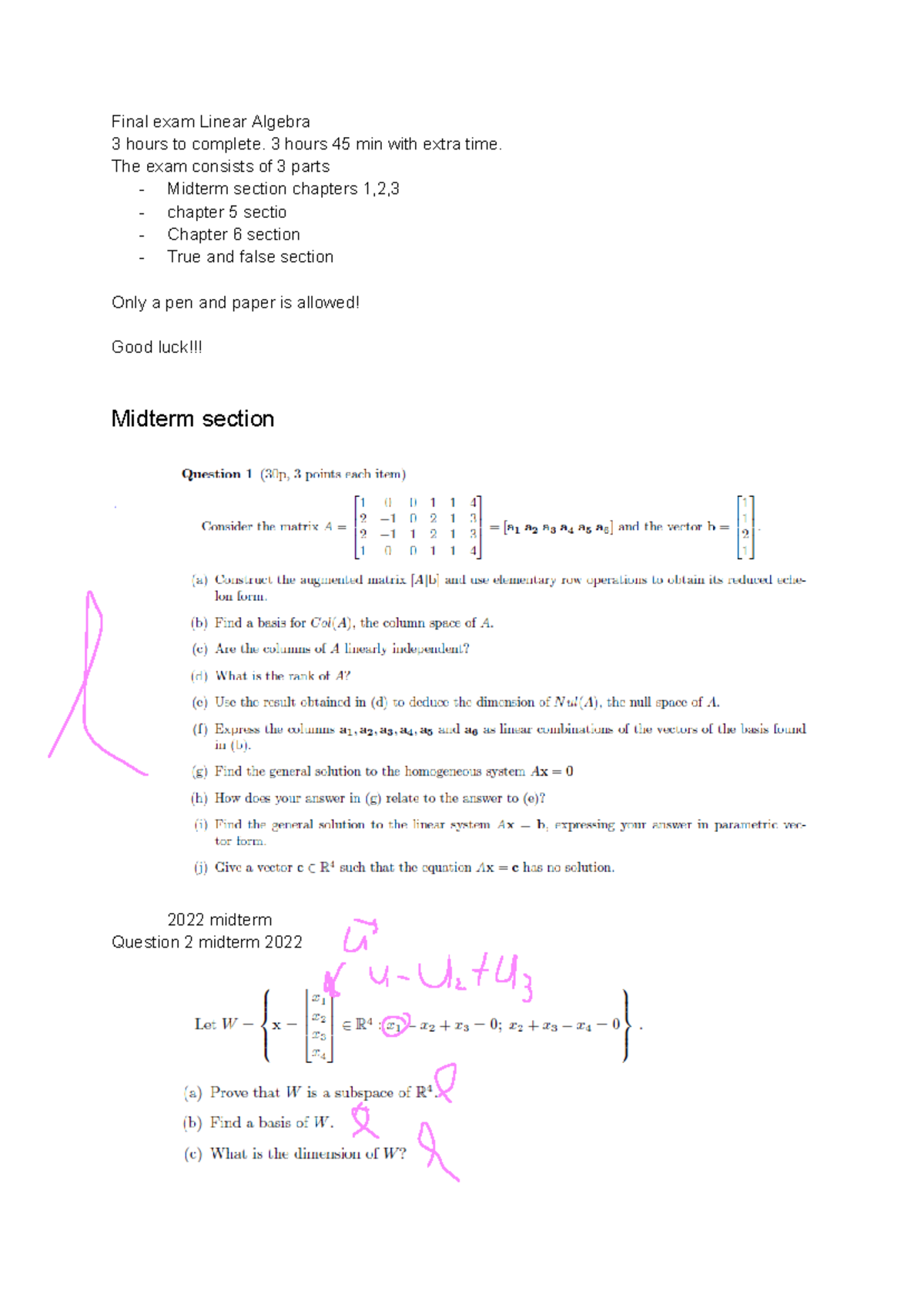 Final exam version A - Final exam Linear Algebra 3 hours to complete. 3 ...