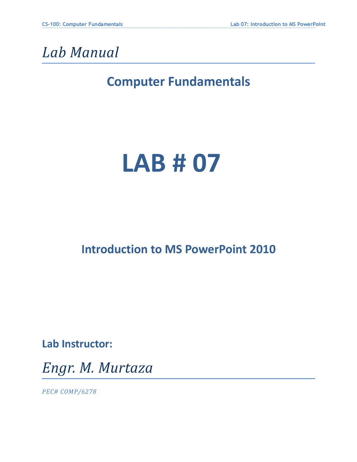 Lab 7 - Introduction To MS Power Point 2010 - Lab Manual Computer ...