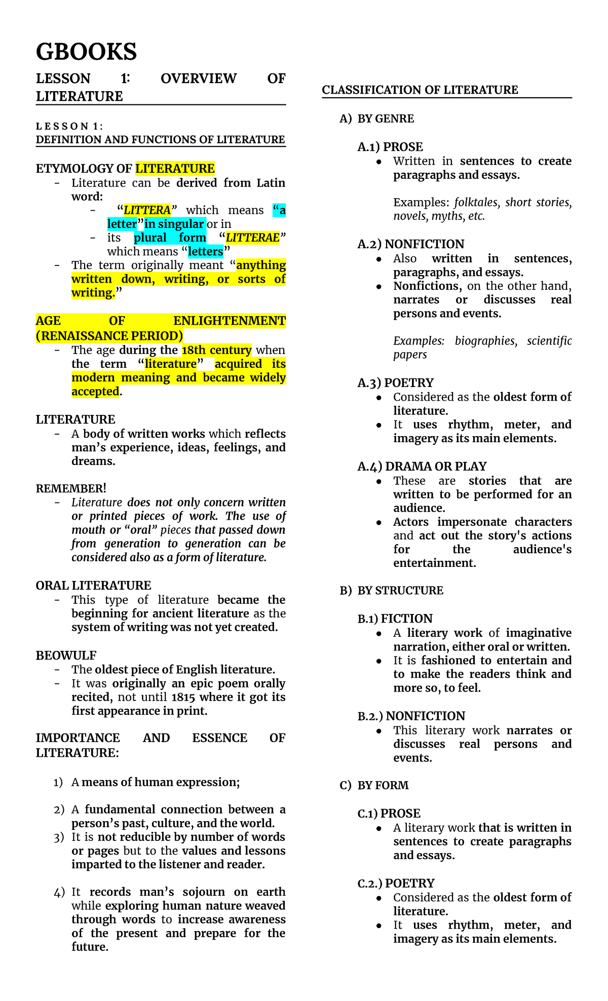 Gbooks Prelim- Module-1 - GBOOKS LESSON 1 OVERVIEW OF LITERATURE L E S ...